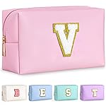 TOPEAST Initial Makeup Bags for Women, Personalized Portable Cosmetic Bag for Travel, Cute Makeup Pouch, PU Leather Waterproof Toiletry Bag, Preppy Things for Girl (Pink V)