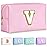 TOPEAST Initial Makeup Bags for Women, Personalized Portable Cosmetic Bag for Travel, Cute Makeup Pouch, PU Leather Waterproof Toiletry Bag, Preppy Things for Girl (Pink V)