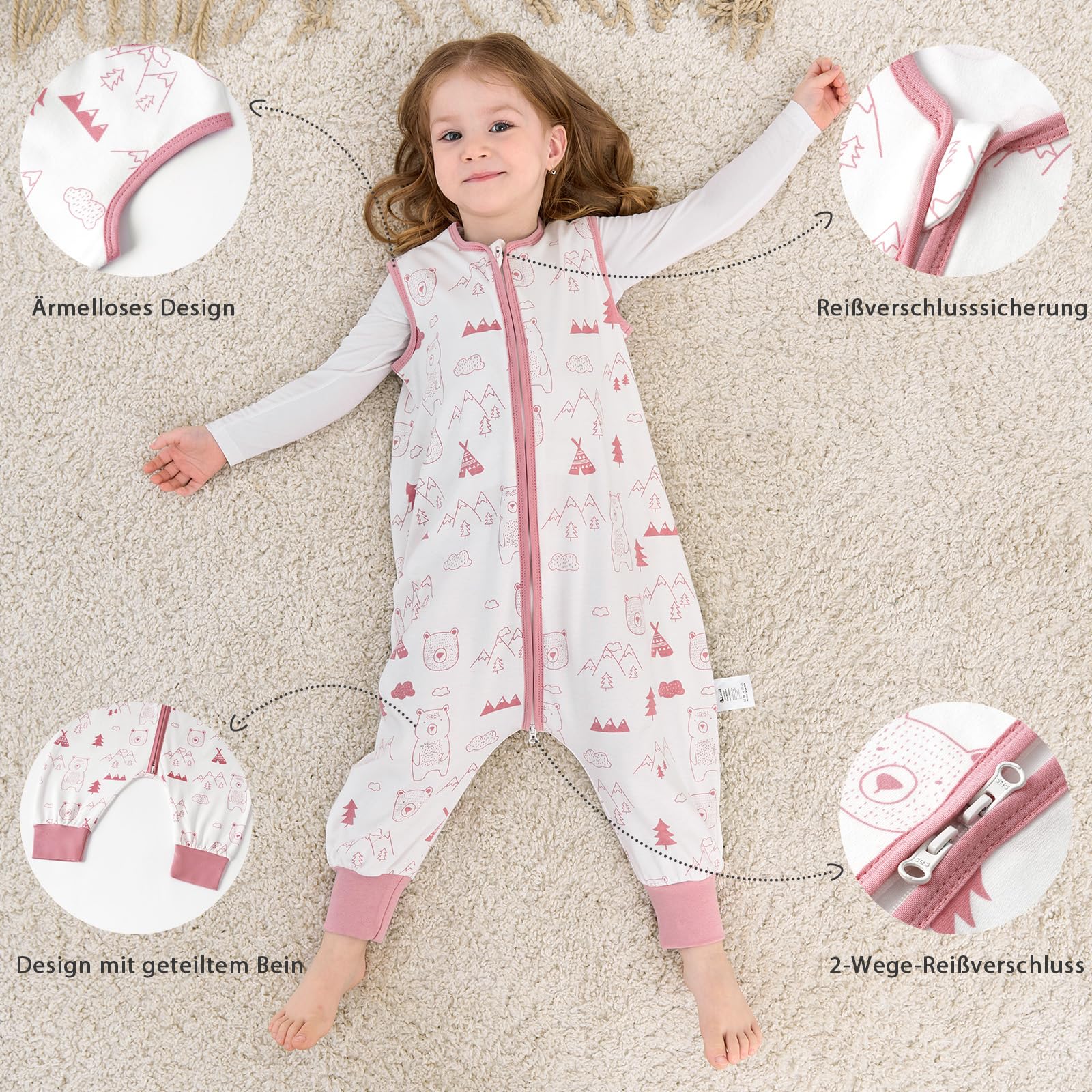 Looxii Pack de 2 Saco de Dormir bebé con Pies 0.5 TOG Algodón sacos de dormir de verano para 6-18 Meses Niños Niñas 70 cm Oso Rosa — view 3