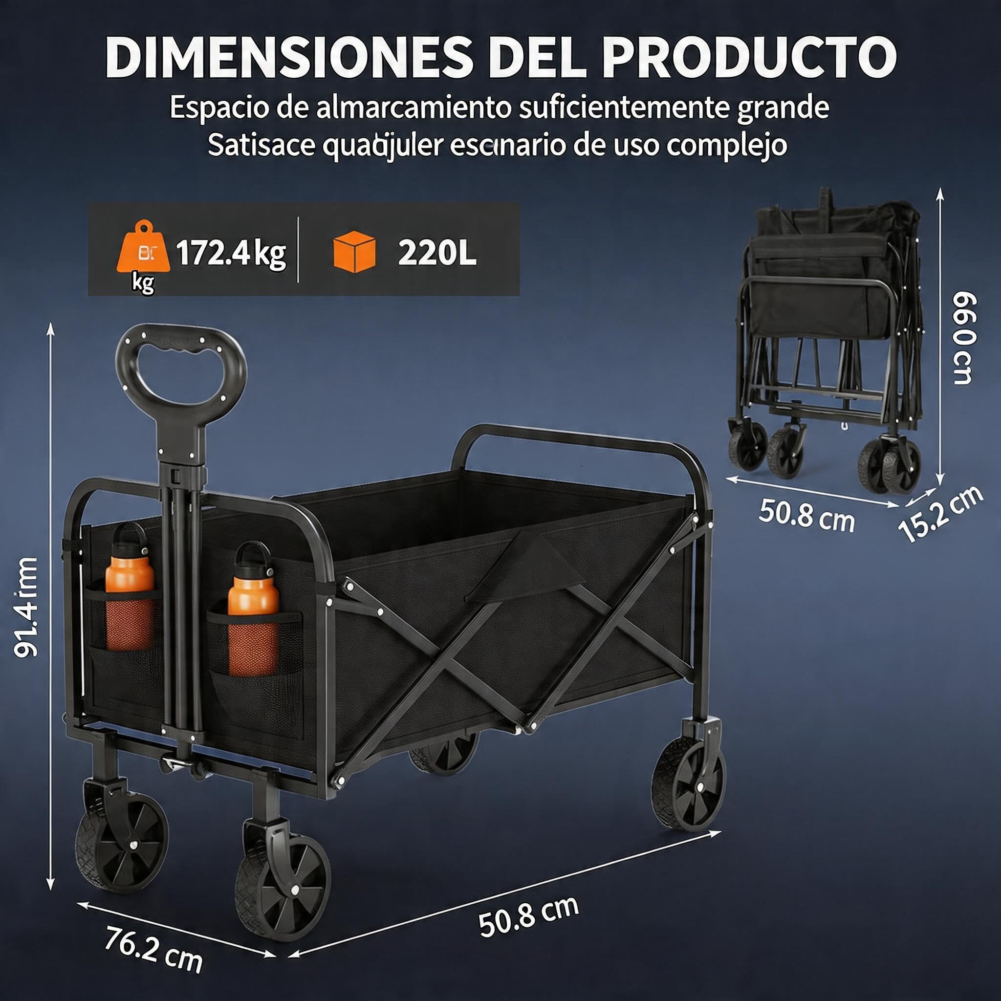 Carro Plegable con Ruedas Grandes Todoterreno - Carro Playa con Carga Máxima de 172 kg - Ideal para Playa, Jardín y Camping - Asa Ajustable - Transporte de Herramientas o Juguetes - Negro