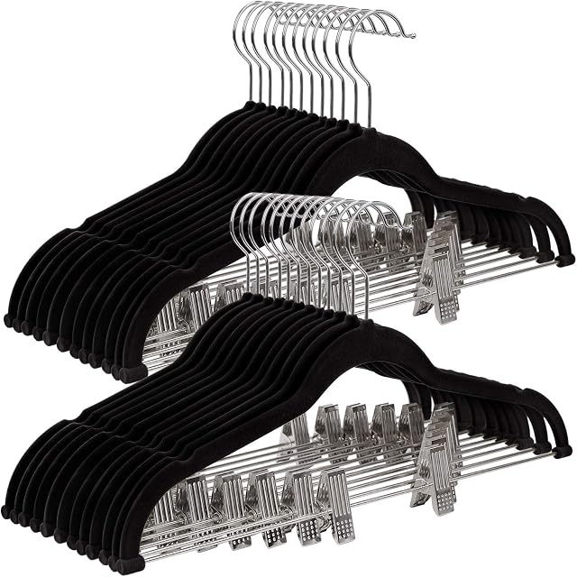 SONGMICS 30-Pack Pants Hangers, 42.5 cm Long Velvet Trousers Hangers with Adjustable Clips, Heavy-Duty, Non-Slip, and Space-Saving for Pants, Skirts, Coat, Dresses, Tank Tops, Black CRF12B-30