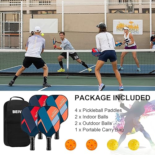 Miniatura 5 de Beives Juego de 4 raquetas de pickleball para pickleball ligero, 4 raquetas de pickleball con 4 bolas, incluyendo bolsa de transporte portátil