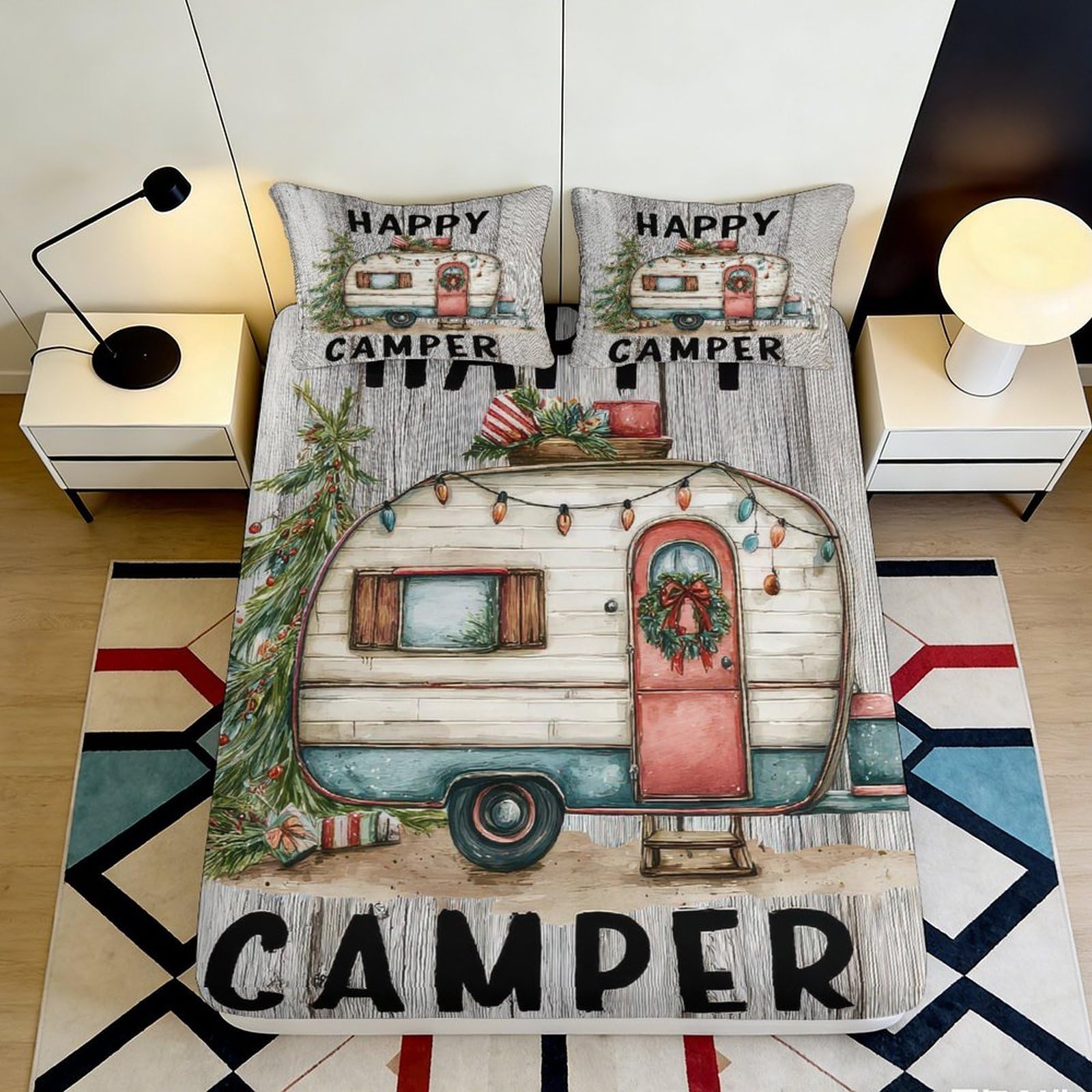 3D Printed Vintage Camper Fitted Sheet Microfiber Soft Retro Caravan Mattress Cover for Bedroom Dorm Decorative 90x200x25cm