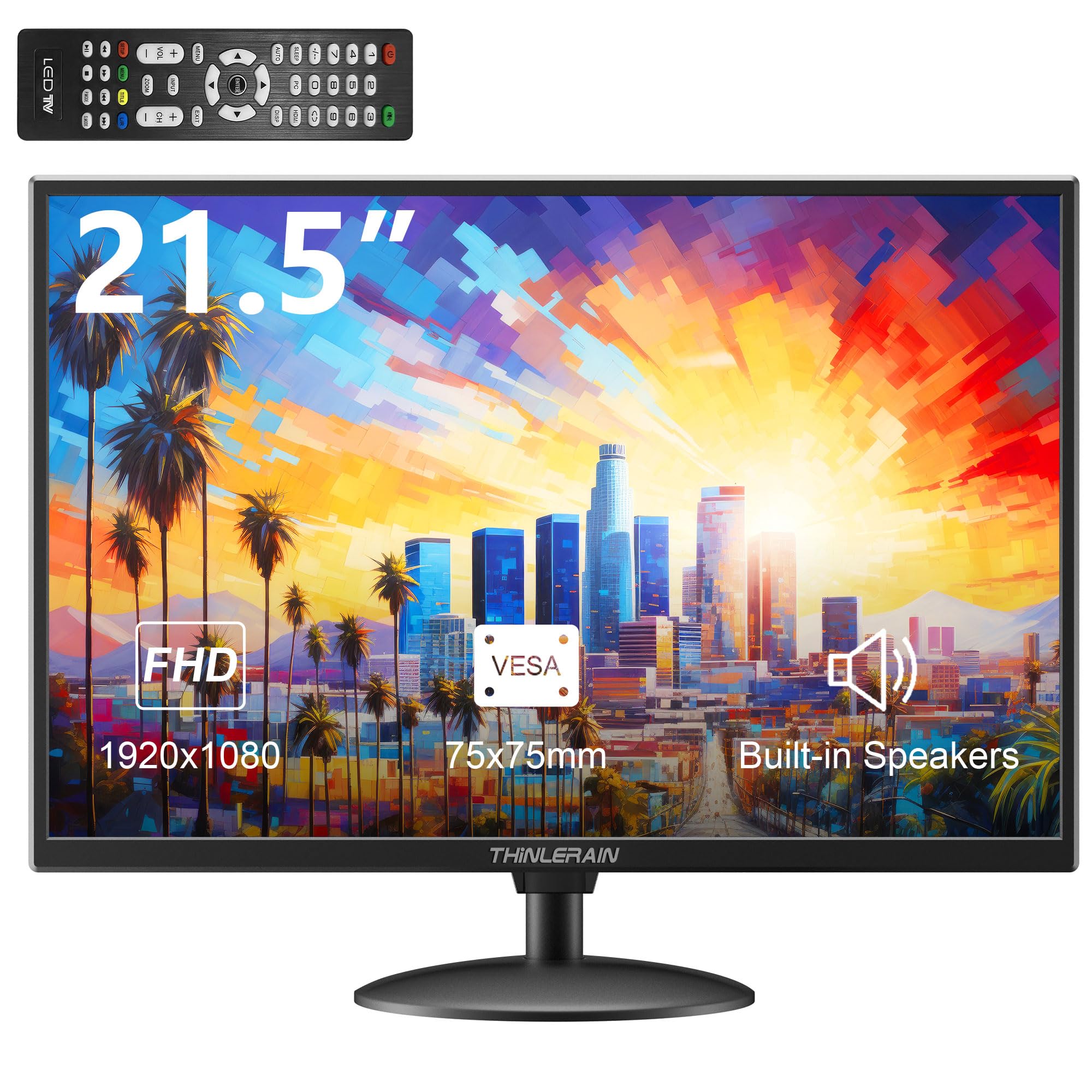 Thinlerain 21.5 Inch PC Monitor with LED Display 1920x1080p, VGA/HDMI/AV/BNC/USB, Built-in Speaker, 5Ms, 60 Hz, VESA Mount, Black