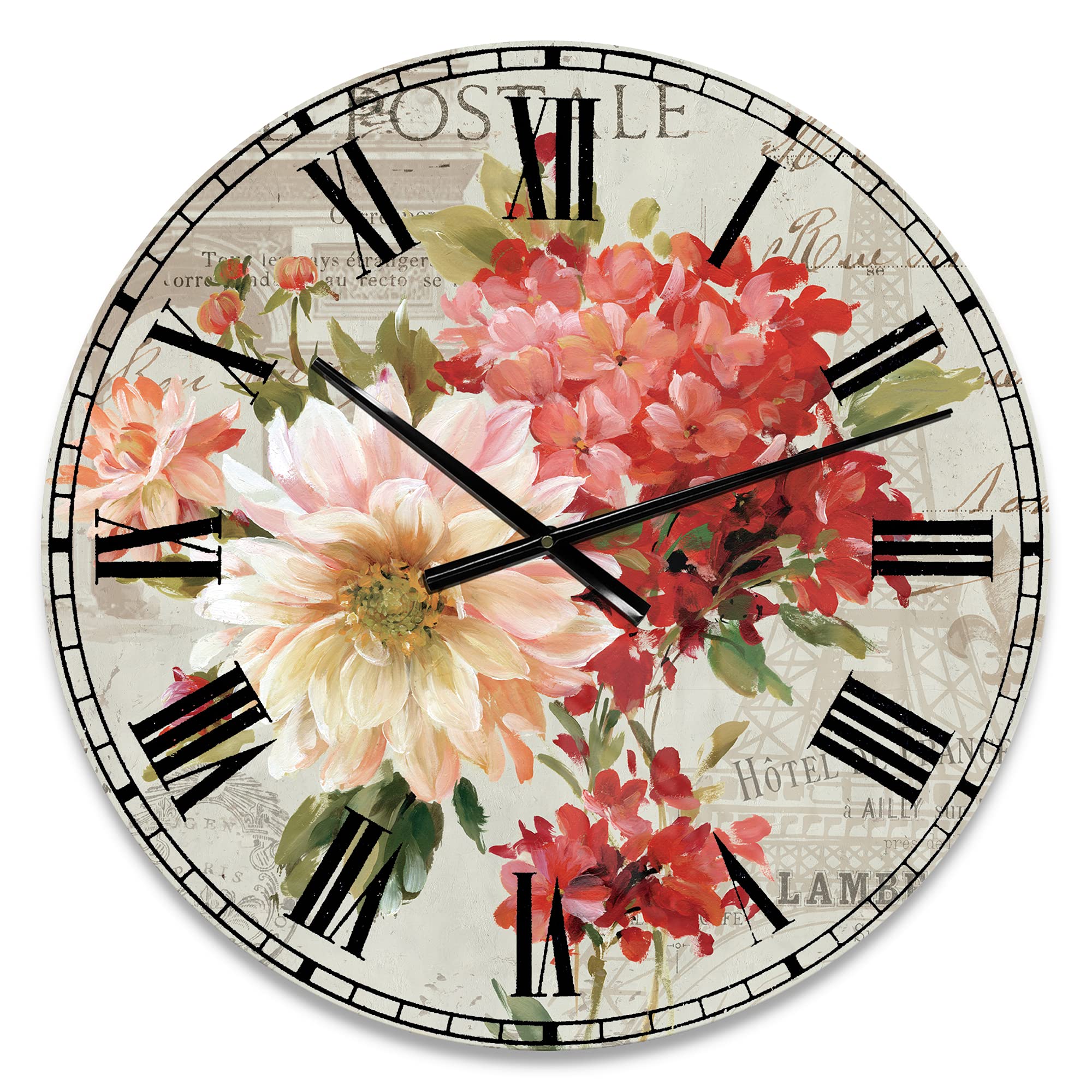 Horloge murale traditionnelle fleurs peintes rouge vintage grand format pour decoration salon