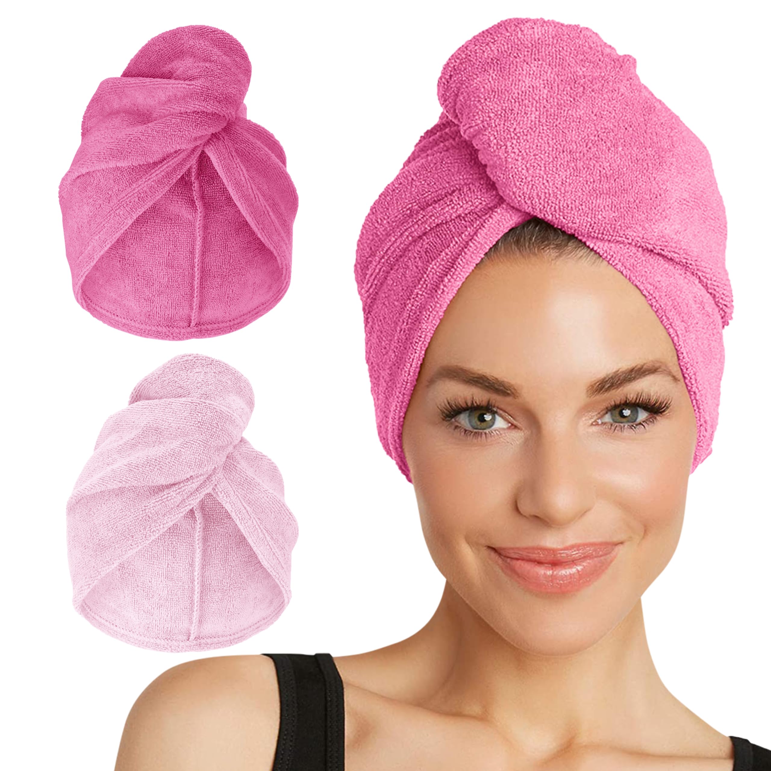 Turbie Twist Microfiber Hair Towel Wrap for Women and Men | 2 Pack | Bathroom Essential Accessories | Quick Dry Hair Turban for Drying Curly, Long & Thick Hair (Dark Pink, Light Pink)
