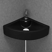 REMOTION Ceramic Wall Hung Corner Wash Basin for Bathroom | Wall Mounted Corner Sink (20.4 x 15 x 6 Inch) (Black)