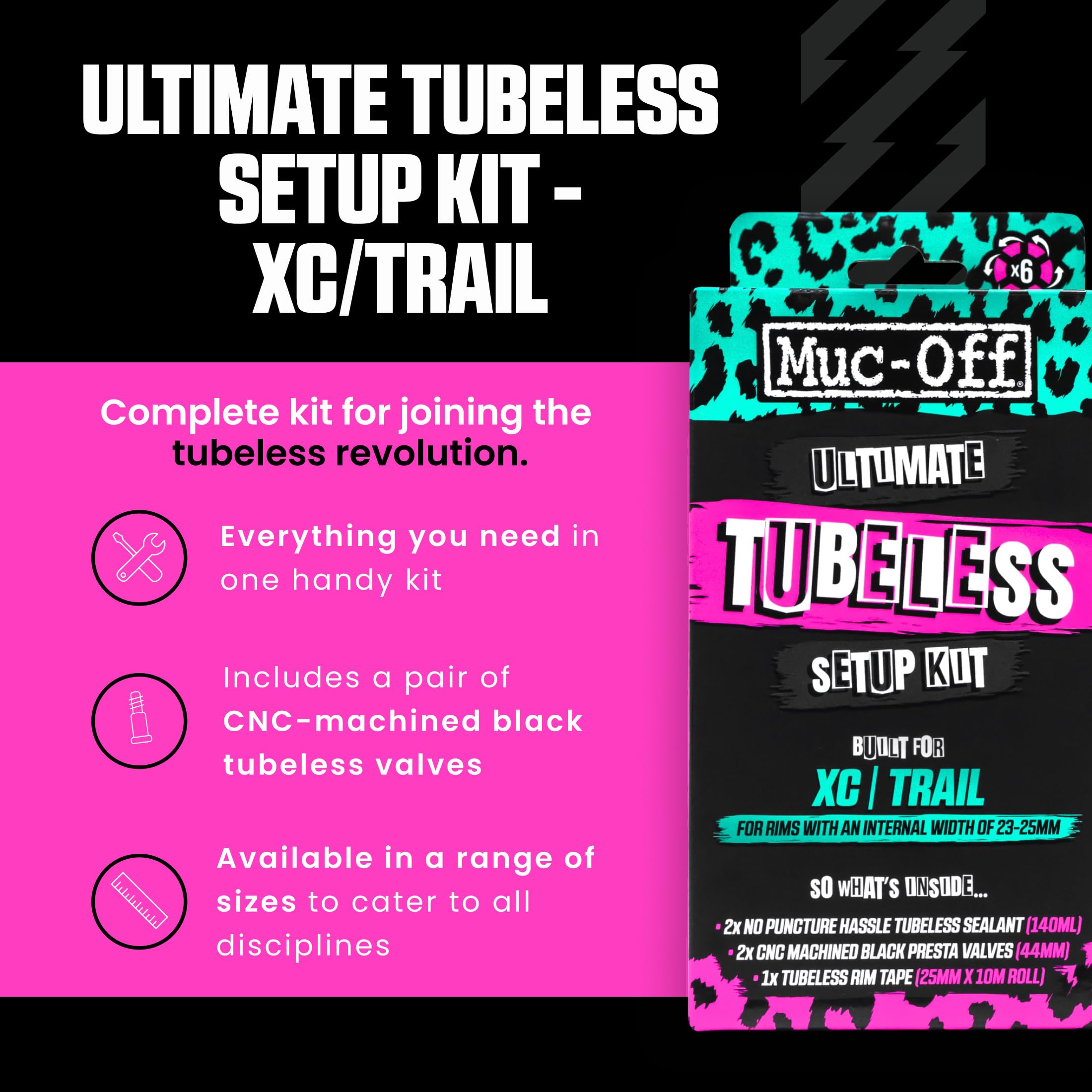 Muc Off Ultimate Tubeless Kit Setup-Kit Für Tubeless-Ready Fahrräder, X-Country - Enthält Felgenband, Fahrrad Flickzeug, Tubeless Ventile und Reifendichtmittel