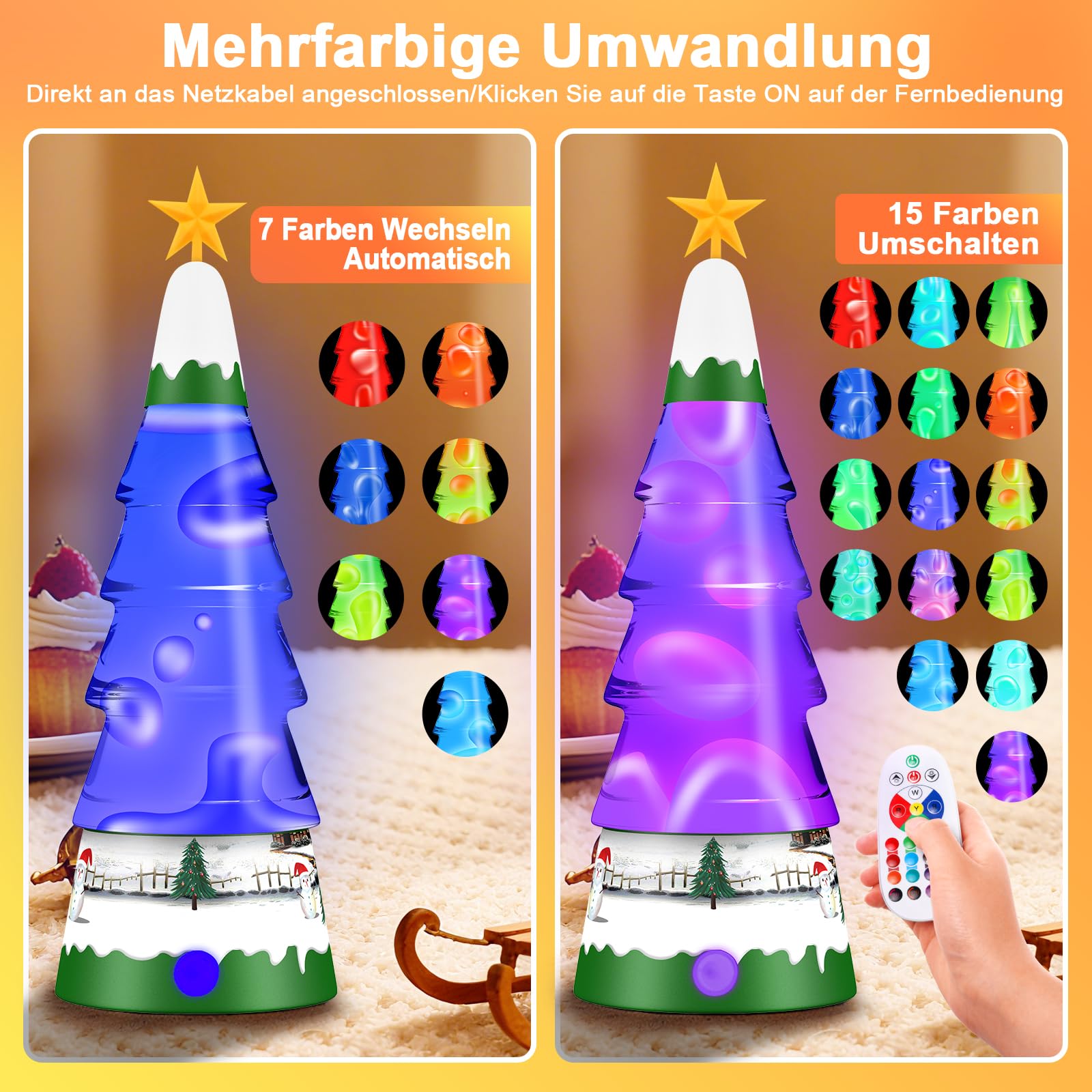 LampGreen Lavalampe,Weihnachtslampe mit Fernbedienung,15-Farbige LED Stimmungslampe für Weihnachten Wohnungsdekoration Geschenk -Weiß Sockel