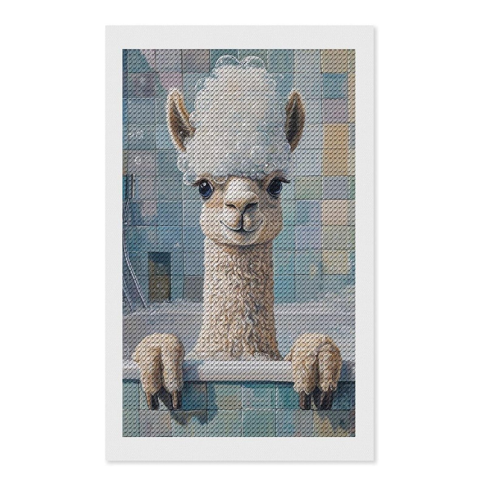 Junmoney Alpaca Bath Time Diamond Art Kit 12"x20", Holiday Gift Idea, for Women, Easy Handmade Project, Vintage Style Decor, Printed Canvas