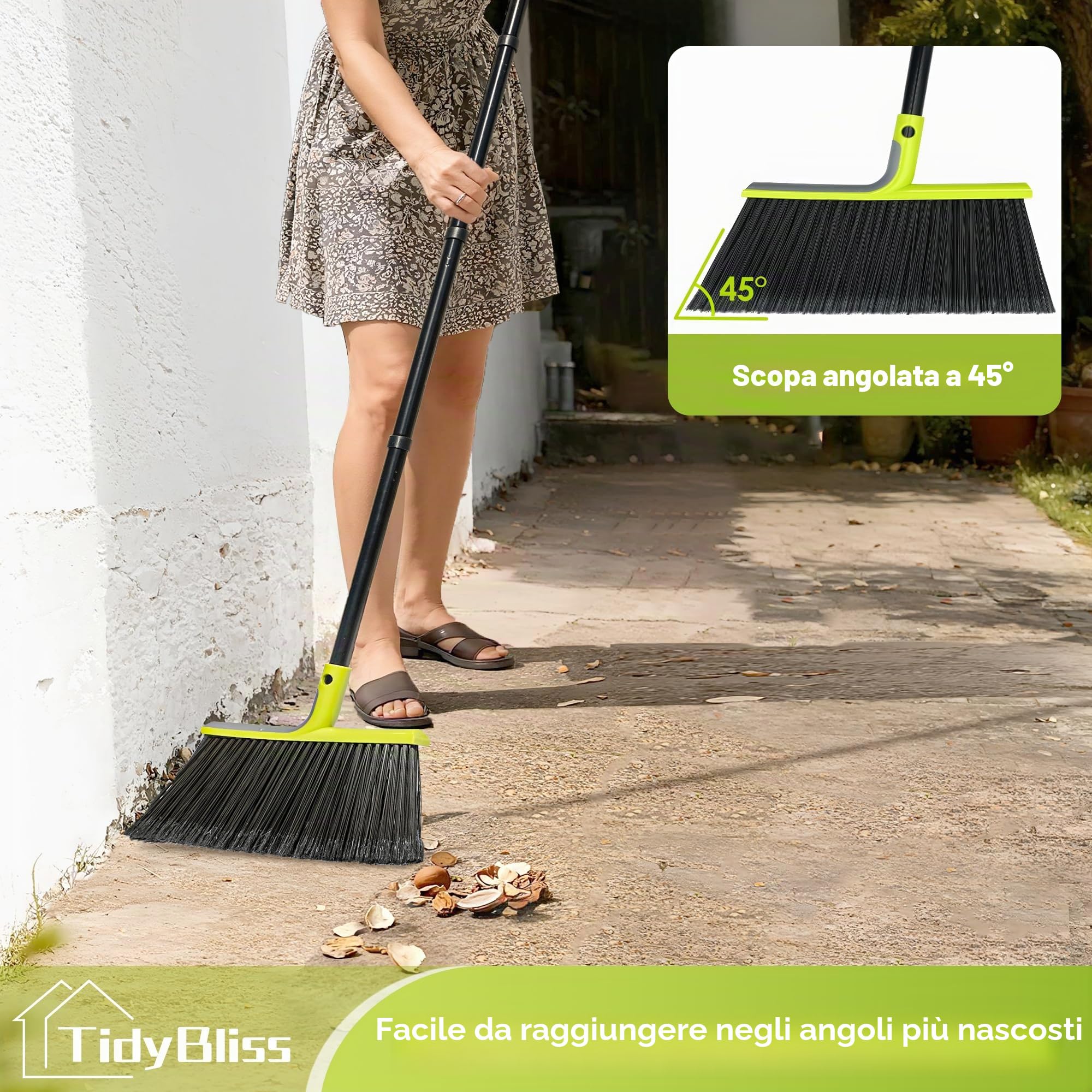 TidyBliss Scopa Esterno Impieghi Gravosi, Spazzola Angolare Commerciale Setole Morbide 143 cm per spazzare all'esterno Patio Giardino Terrazza Ristorante Garage Ingresso Pavimenti in Legno (Verde)