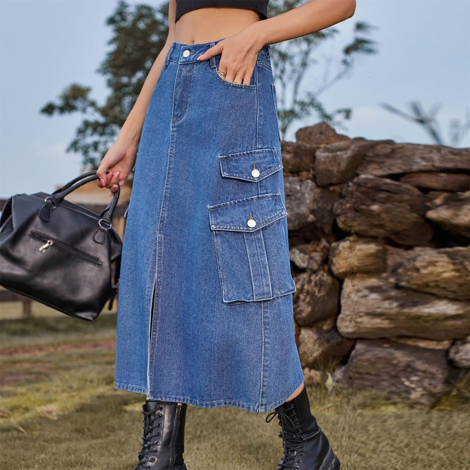 Générique Jupes Femme Haute Tour en Femme Jupe Élégante De Plage Elastique Plissée A-Ligne Taille Vacances avec Poches Plage Décontractée pour Bohême Maxi Longue