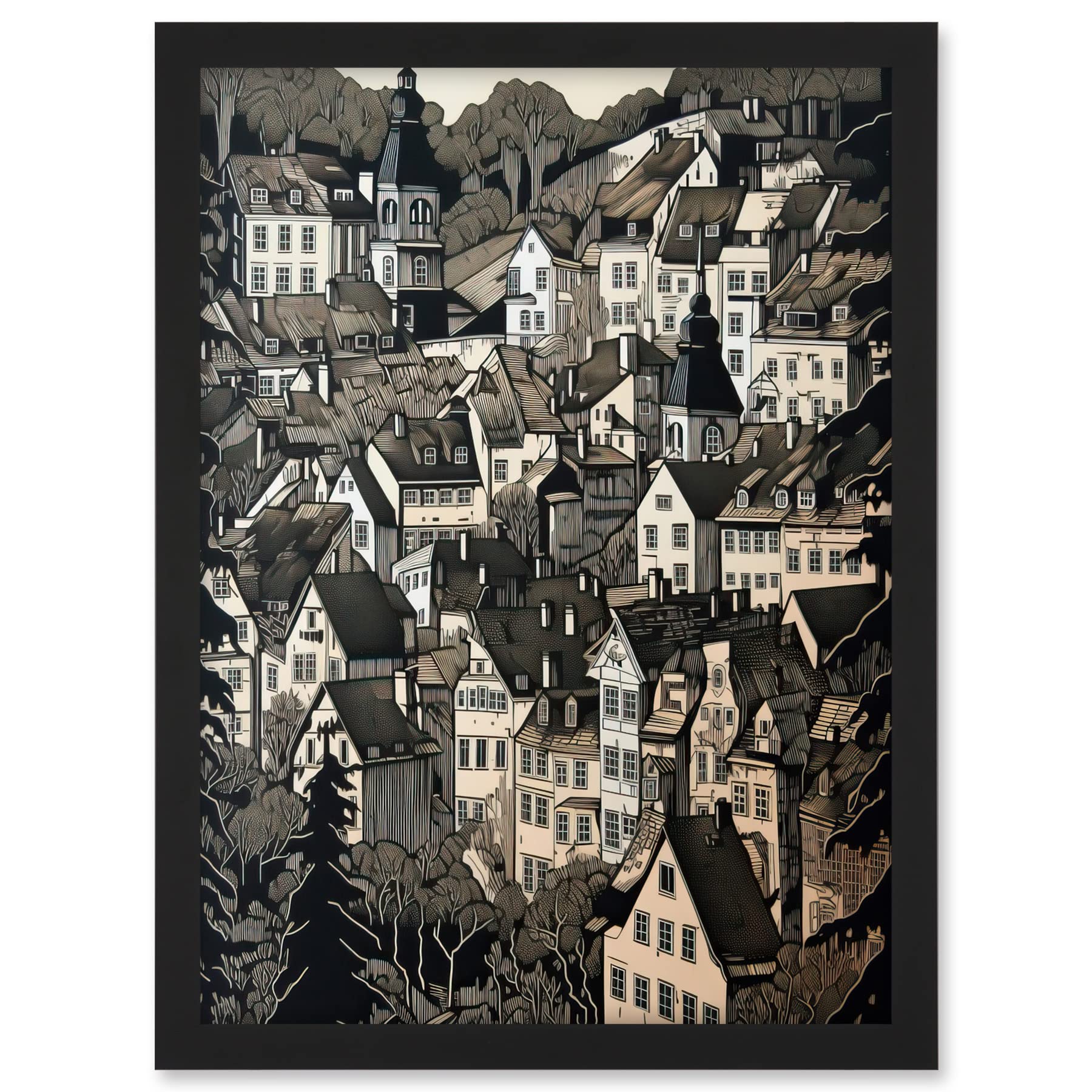 Artery8 Black Forest City Baden Monochrome Cityscape Artwork Framed A3 Wall Art Print