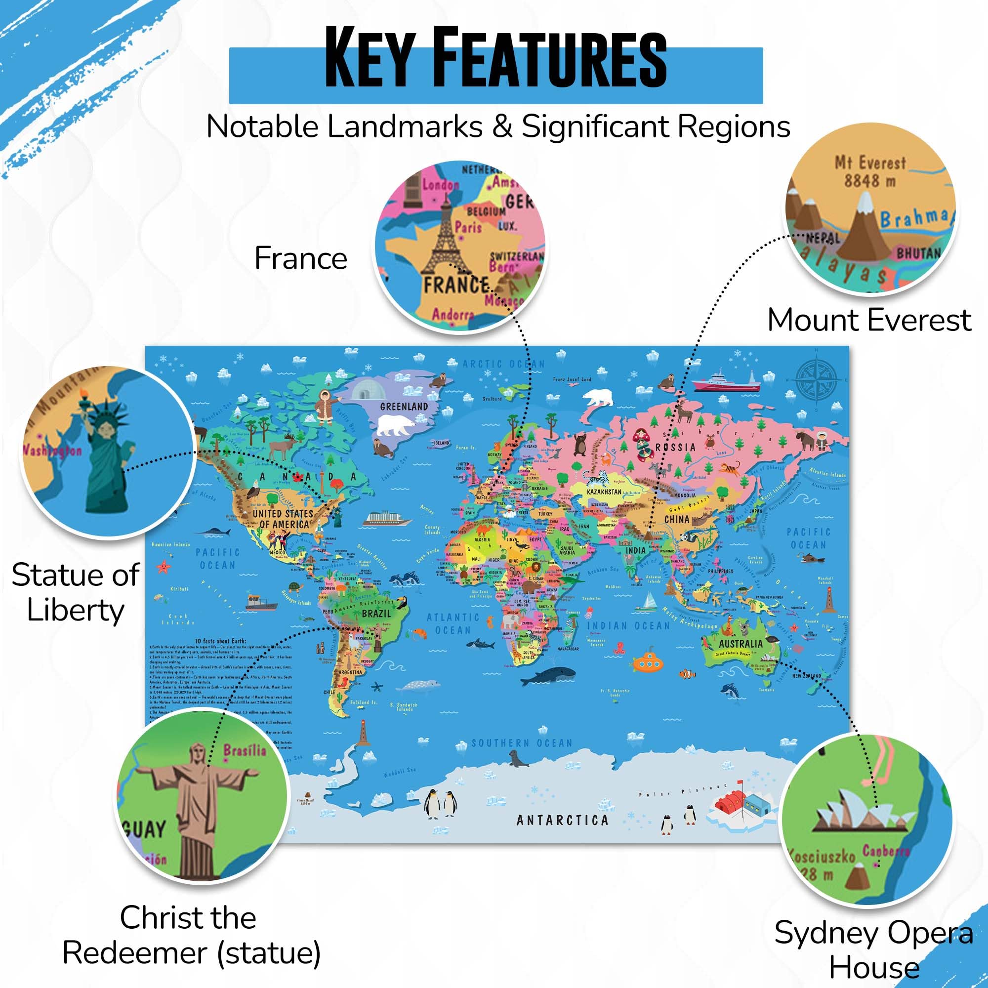 Children’s World Map Poster for Wall – Large A1 Illustrated World Map for Kids Globe Atlas Wallchart