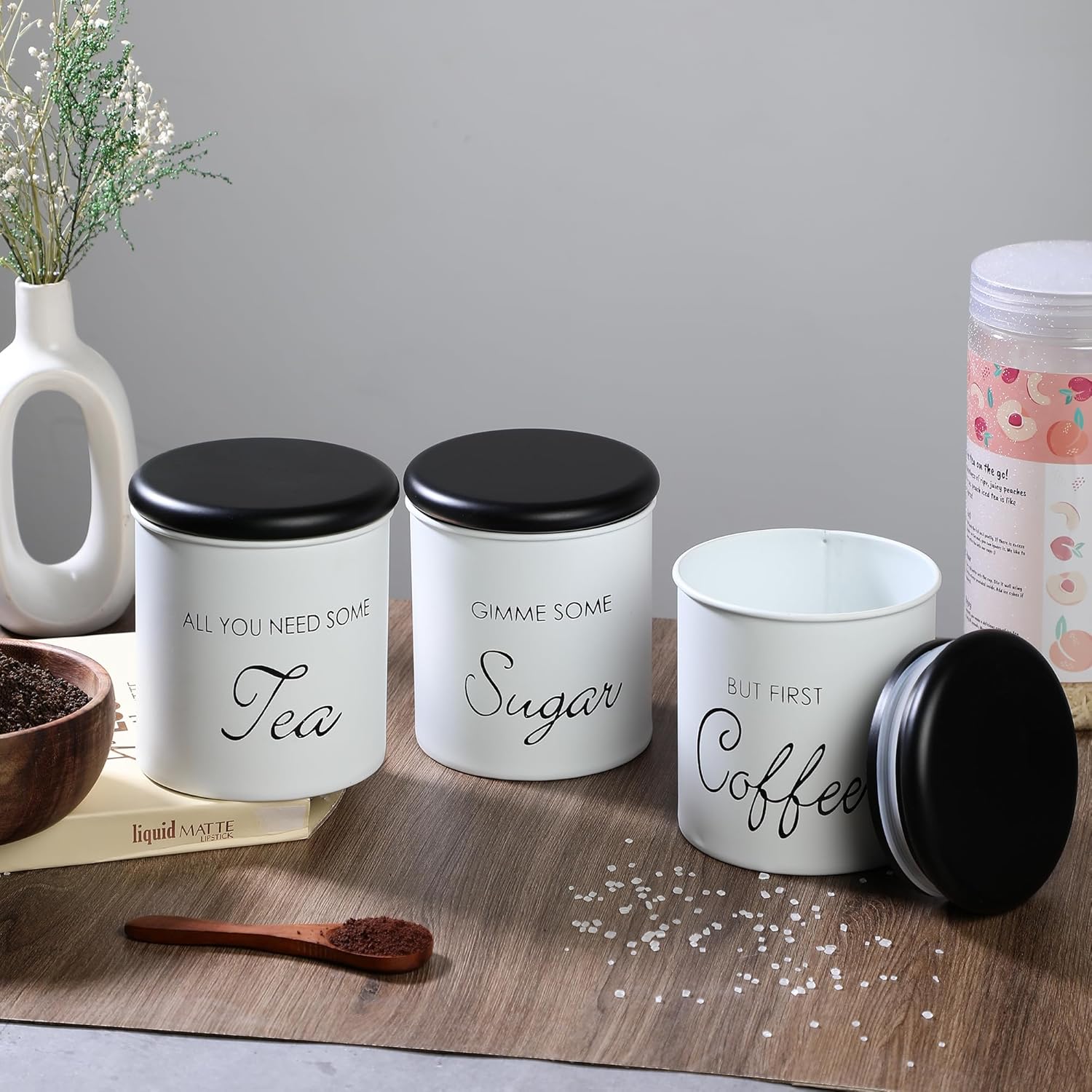 TUWEL Tea Sugar Containers Set of 3 White Coated Coffee Tea Sugar