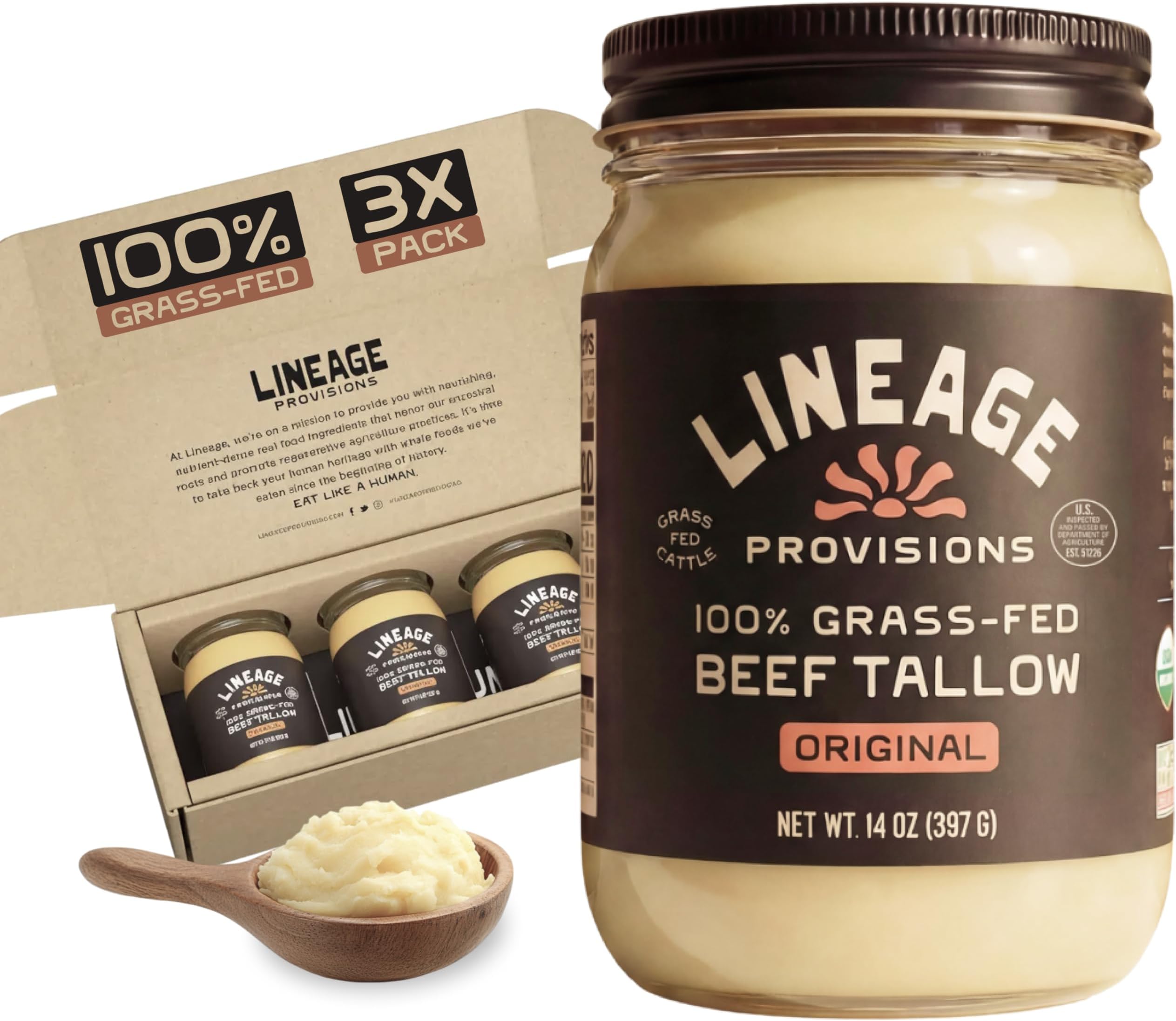 100% Grass-Fed & Finished Beef Tallow – 3-Pack Glass Jars – US-Raised Cattle – Nose-to-Tail Rendered – Cooking Oil Alternative, Keto & Paleo Friendly