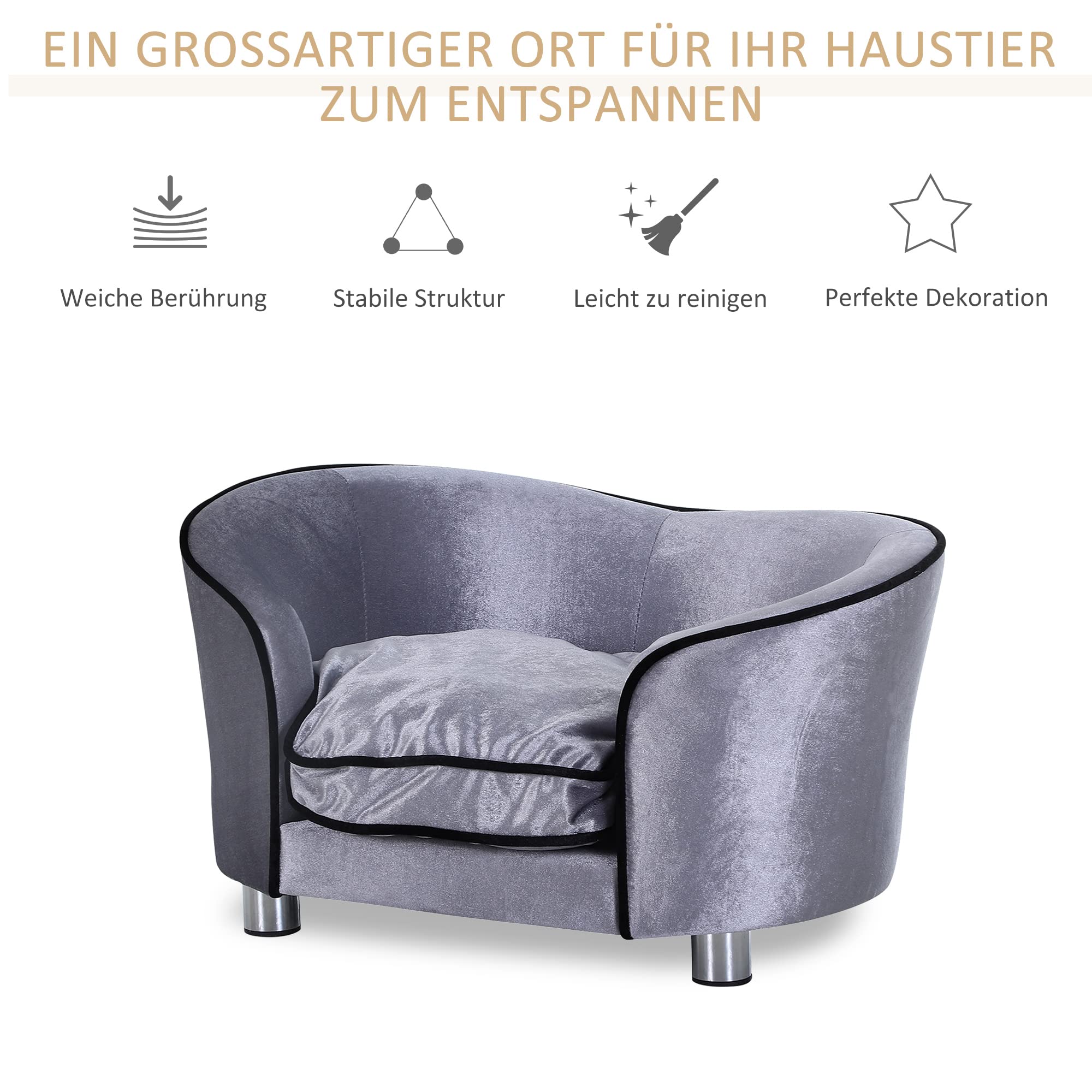 PawHut D04-016, divanetto di lusso per cani e gatti, con cuscino, per riposare, colore grigio.