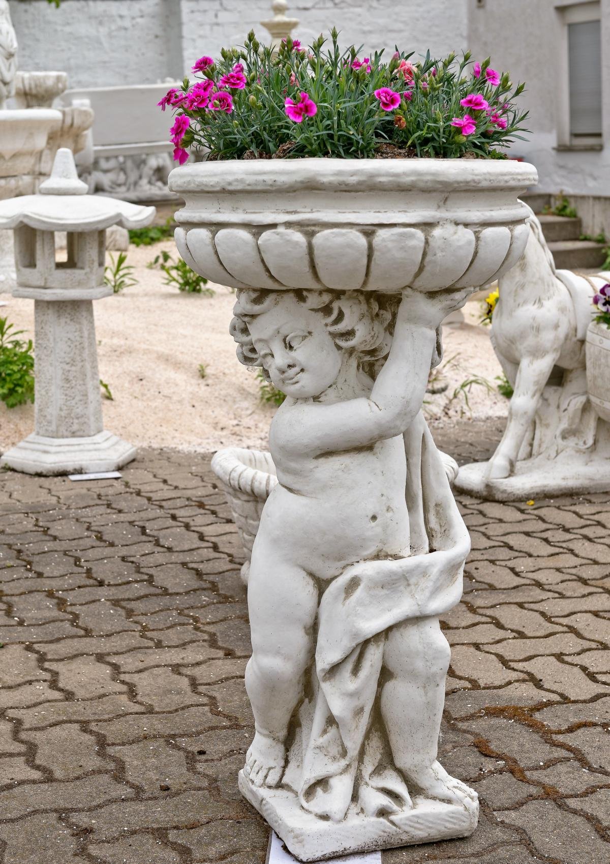 Antikes Wohndesign Gartenfigur Steinfigur Pflanzschale Pflanzkübel Steinkübel Terrassenmöbel H:93cm Garten