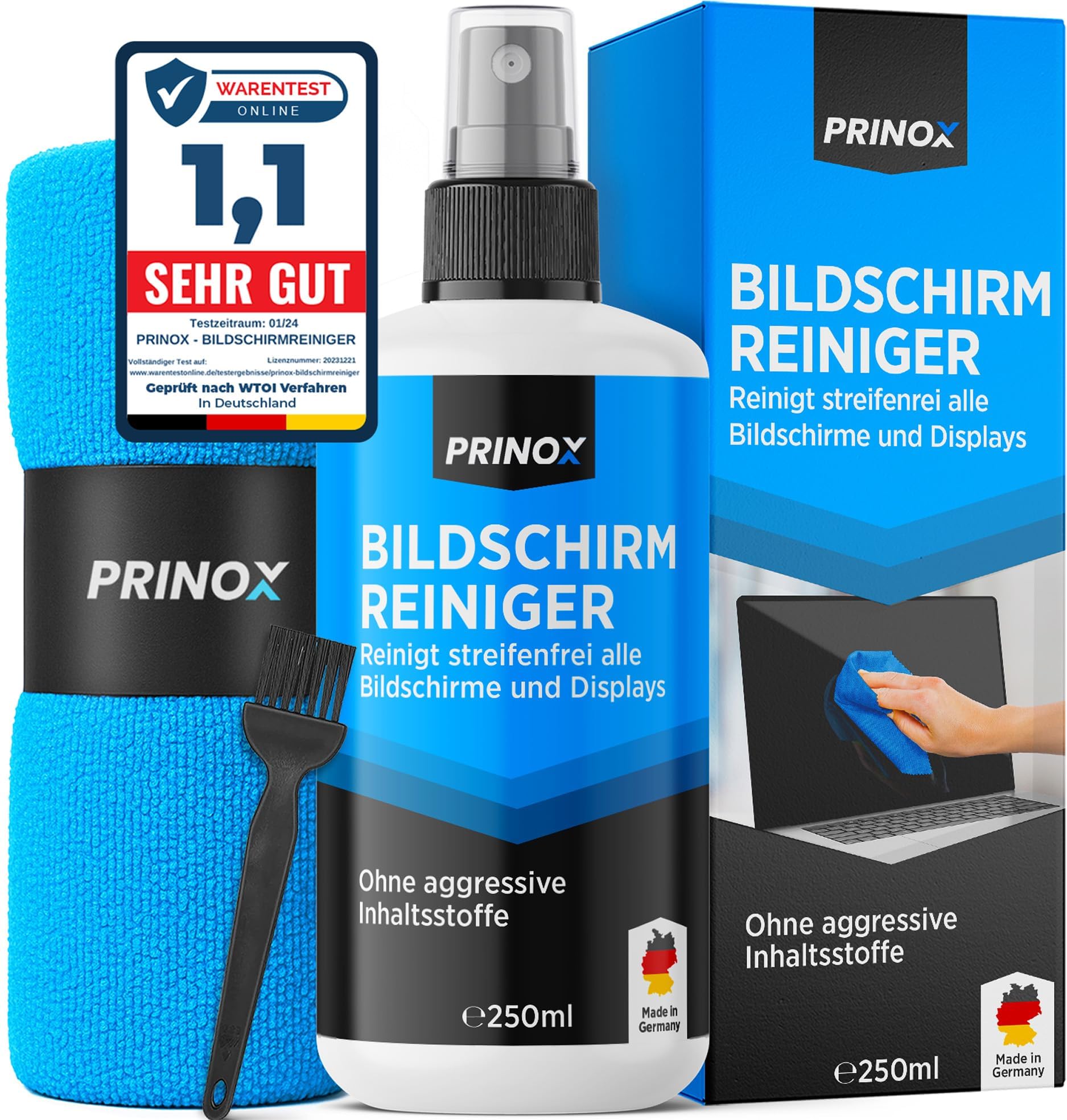 PRINOX Bildschirmreiniger XXL Set [inkl. Mikrofasertuch und Pinsel] - Display Reiniger für Handy, Laptop und TV Displays (LCD, LED, OLED, QLED, TFT) gegen Fettflecken und Fingerabdrücke