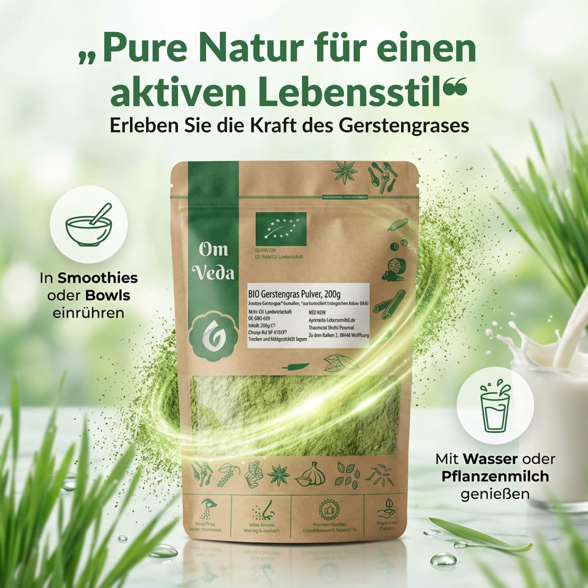 BIO Gerstengras Pulver | Rohkostqualität | 100% reines Gerstengraspulver | vegan, glutenfrei, laktosefrei | OmVeda (1000g)