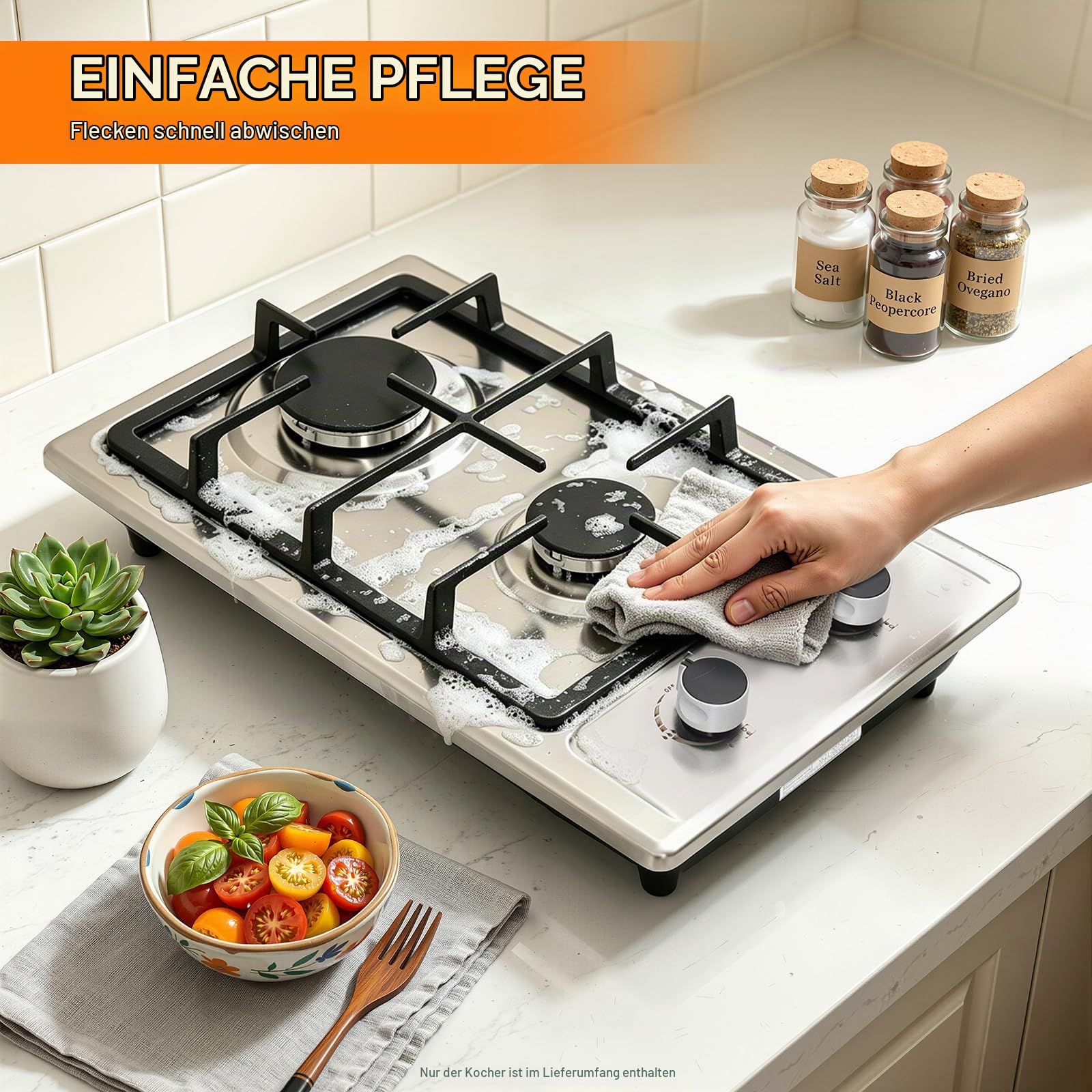 Gasherd Camping Gaskocher 2-Flammig Mit Druckreduzierventil, Umrüstdüse Und 1,5m Schlauch, Gaskocher Für Innenräume Outdoor Camping, 3kw + 1,75kw, Silber