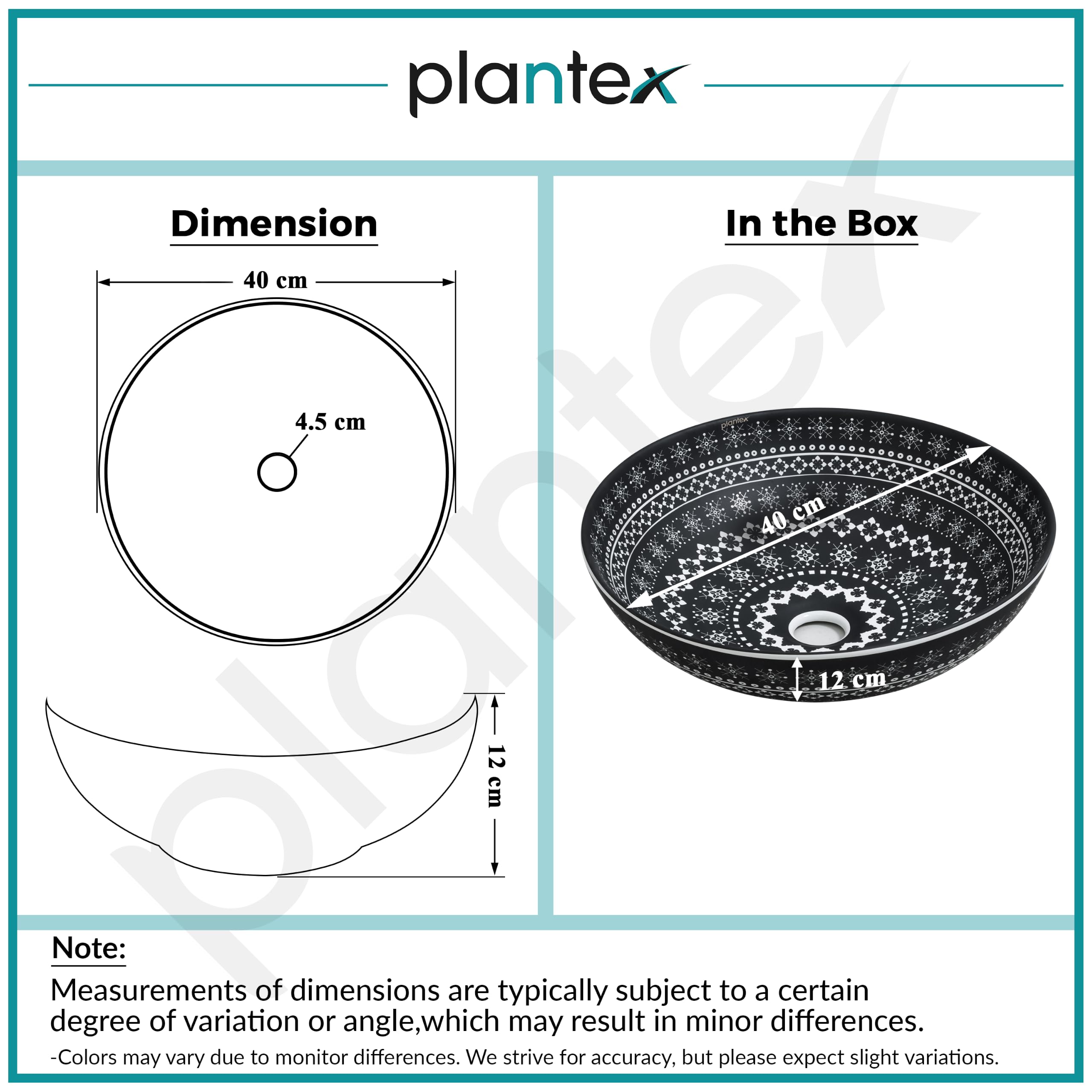 Plantex Ceramic Round Wash Basin for Bathroom/Designer Table Top Washbasin/Countertop Hand Basin for Restaurant/Hotel (15.5x15.5x4.5 Inch - Black & White) 1