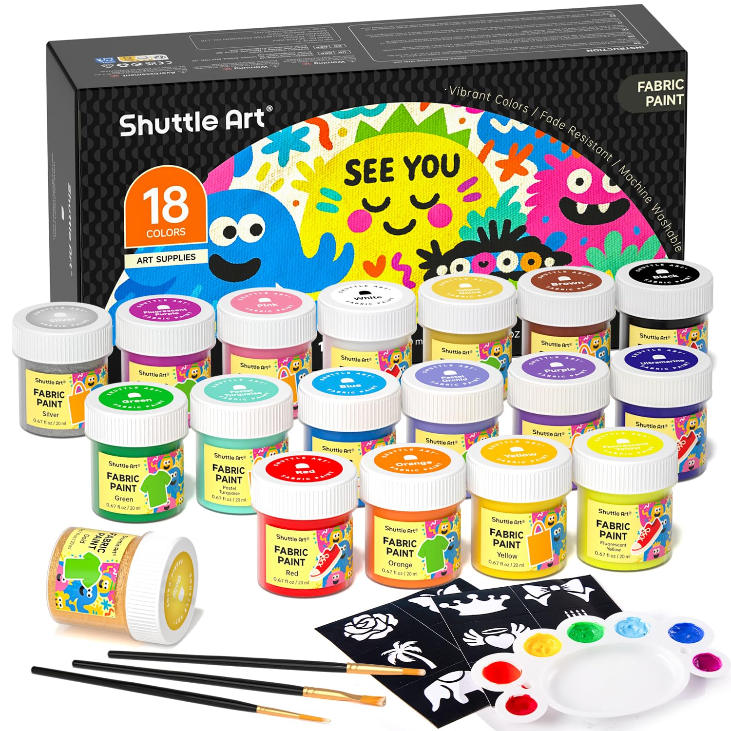 Shuttle Art Fabric Paint Permanent for Clothes, 18 Colours Fabric Paints Set (20ml/Bottles) with Brushes, Palette, Stencils, Non-Toxic Waterproof Textile Paints for T-Shirt, Shoes, Bag, Jeans