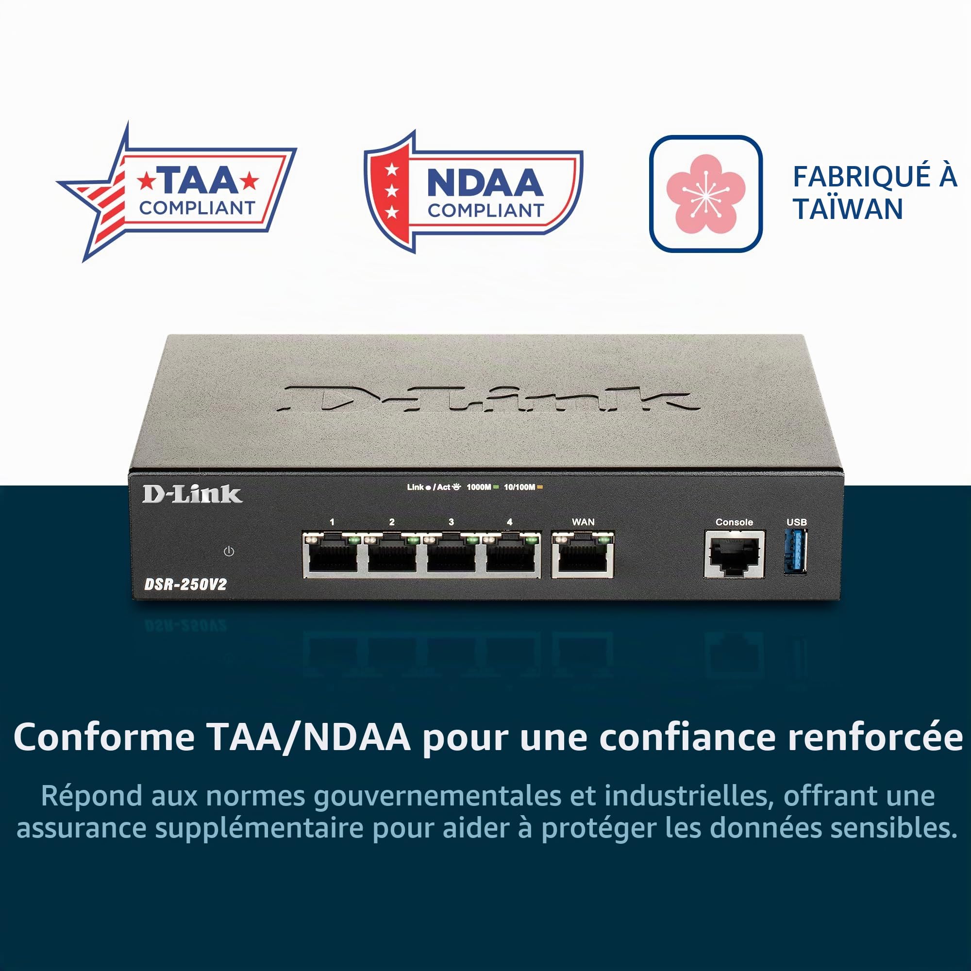 D-Link DSR-250V2 Routeur VPN de Services unifiés, Multi-WAN Giga, basculement, Balance de Charge, IPSec/PPTP/L2TP/OpenVPN, filtrage Dynamique du Contenu Web, contrôle des Applications, Portail captif