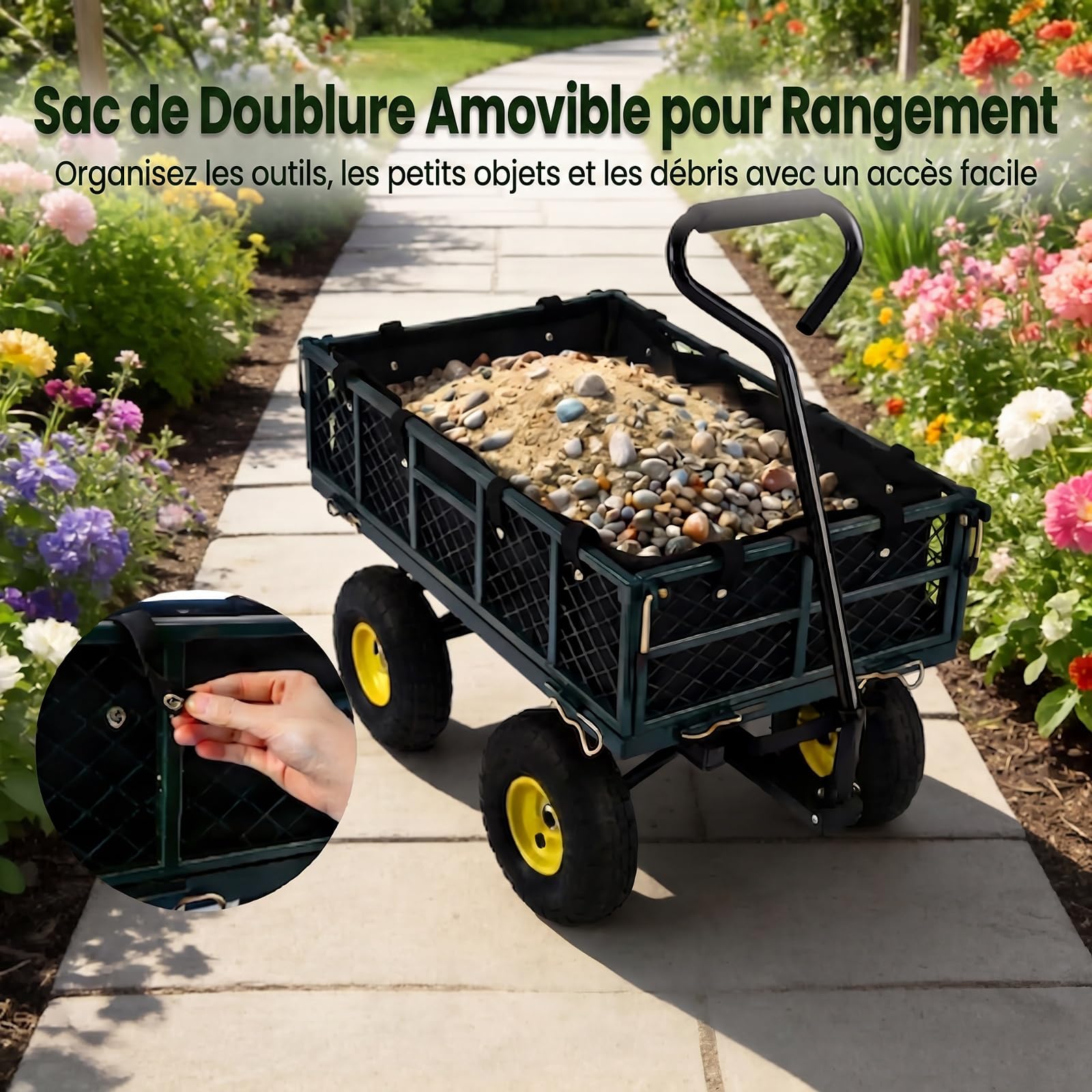GYMAX Chariot de Transport de Jardin à 4 Roues, Charge Max 410 kg | Panneau de 4 Côtés Amovibles, Poignée Réglable à 120° et Rotative à 270°, Sac de Rangement Intégré, pour Plage Camping