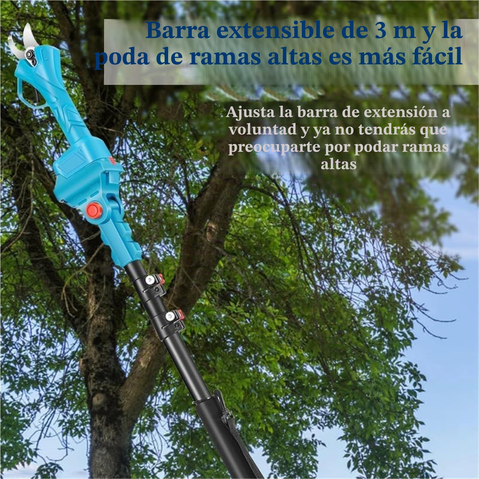 Tijeras de podar eléctricas 4 en 1 mejoradas, mini motosierra inalámbrica de 8 pulgadas con pértiga de extensión de 125-220 cm y 2 baterías de 1,3 Ah, podadora de ramas y ramas
