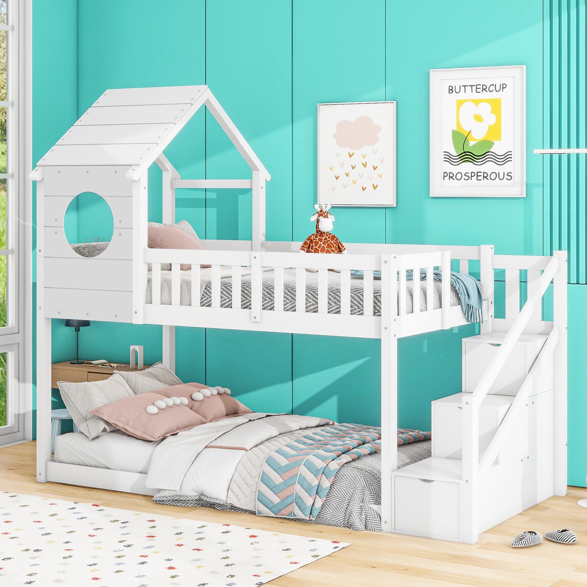LTGB 3FT Treehouse Bunk Bed for Kids, Wood House Bunk Bed 90 * 190 cm, Cabin Bed Frame, Wooden Bunk Bed Frame with Ladder and Storage Space Drawers, Ideal for Kids Boys Girls Teens (White)