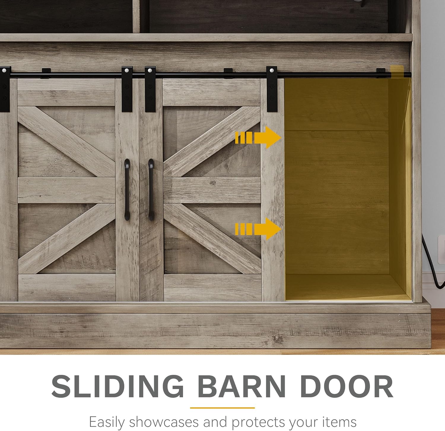 DWVO Farmhouse Buffet Cabinets, 52" Coffee Bar with Goblet Holder & Power Outlet, Sliding Barn Door Sideboard Cabinet for Kitchen & Living Room Storage(Rustic Grey Oak)