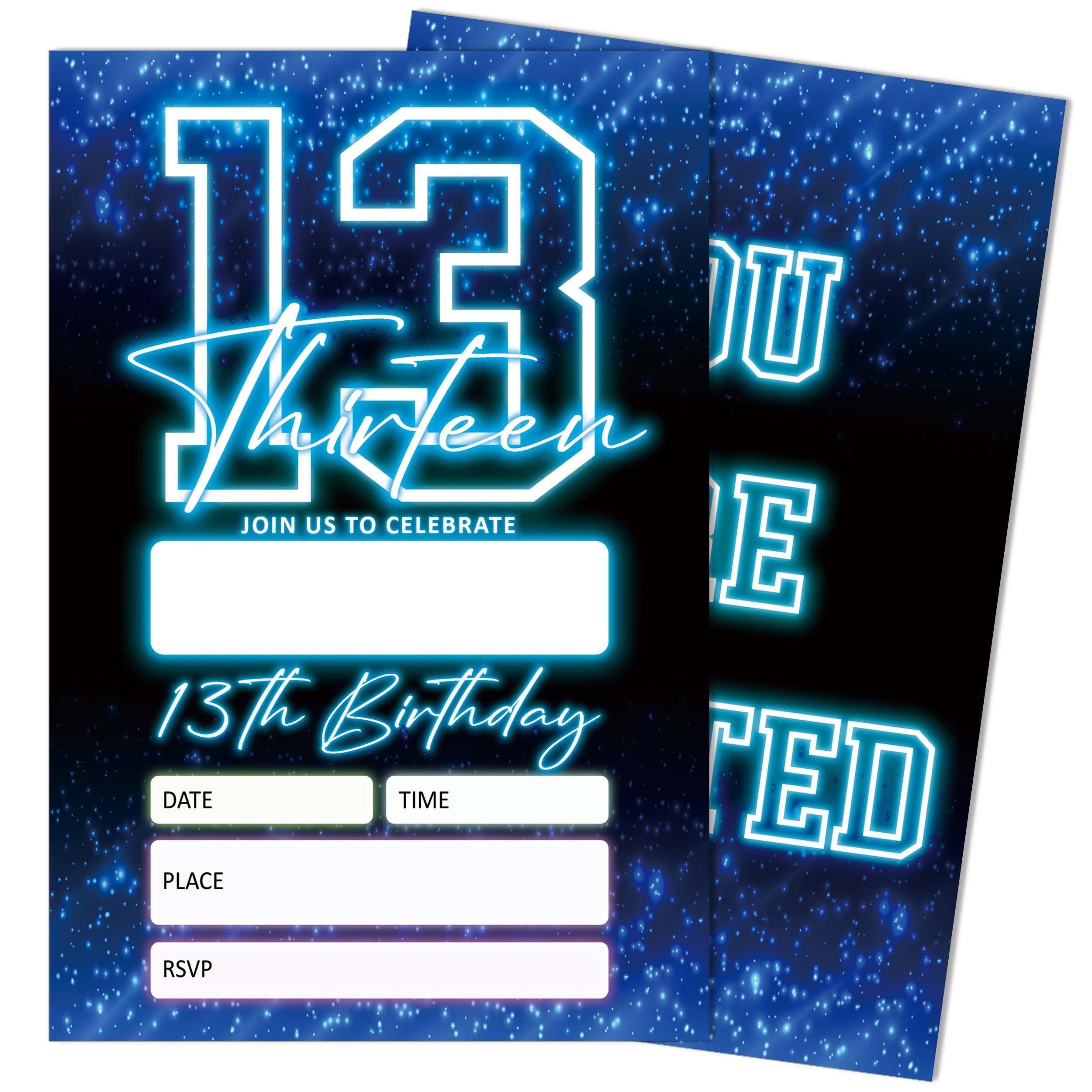 Blue 13th Birthday Party Invitations for Boys, Glow Neon Birthday Invitations, 20 Double Sided Invite Cards with Envelopes for Kids Girls, Party Decorations Supplies, 4"x6"-C13