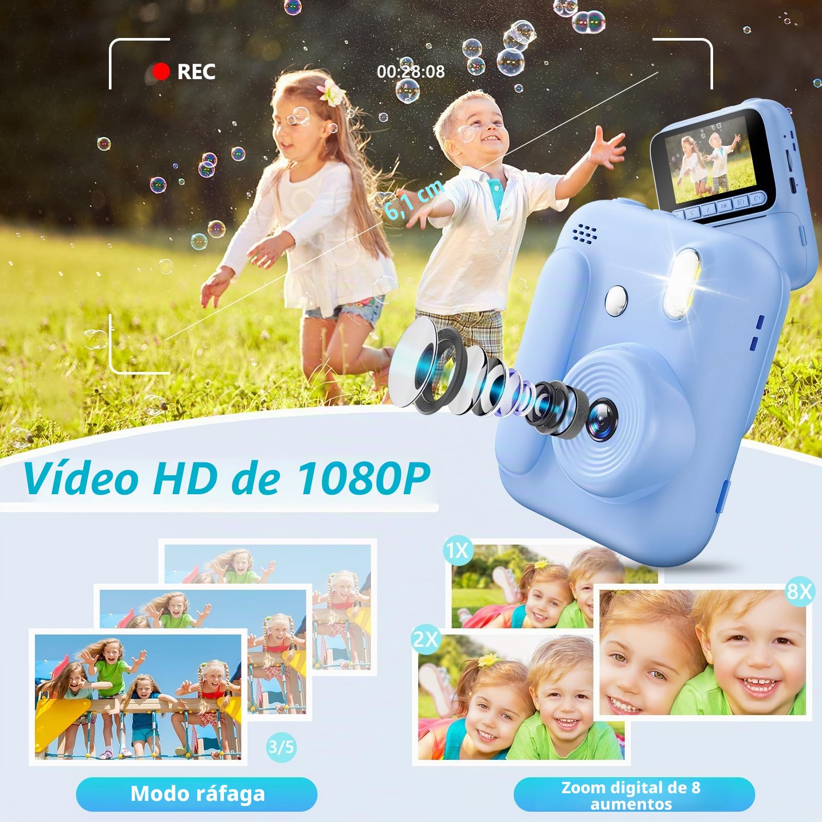 Cámara de Fotos Instantáneas para Niños,Camara Instantánea de 1080P con 5 Rollos de Papel de Impresión,Tarjeta de 32GB y Bolígrafos de Colores,Cámara Digital Portátil para Niños de 3-14 Años (Azul)