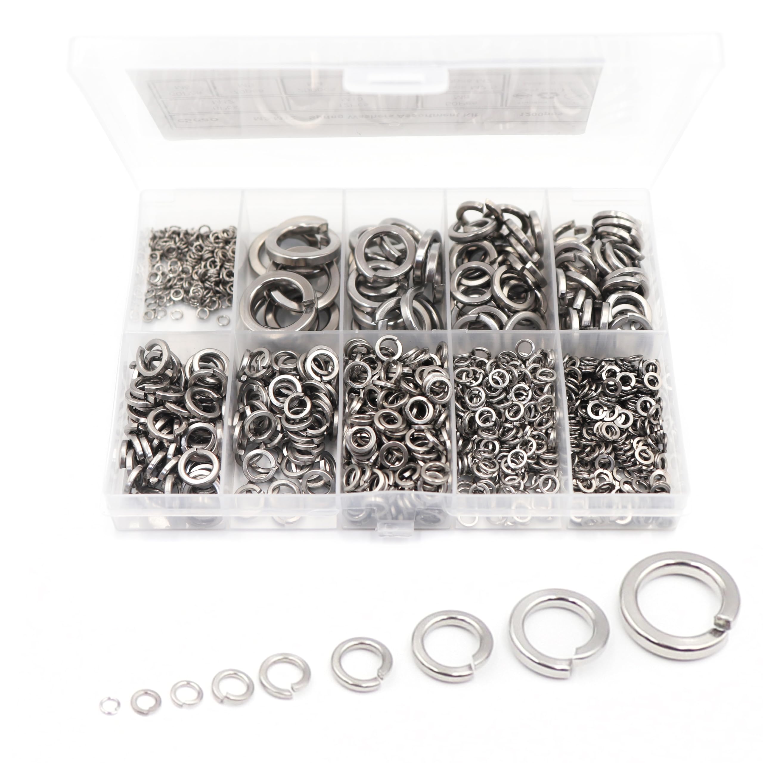 binifiMux 1150pcs M2 M2.5 M3 M4 M5 M6 M8 M10 M12 Spring Lock Washers Assortment Kit, 304 Stainless Steel