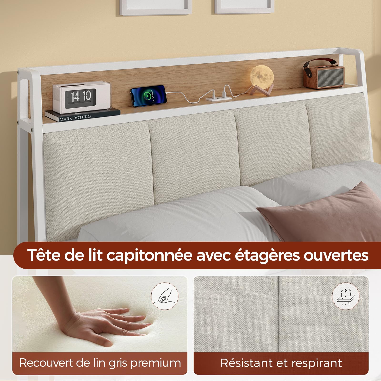 KIMENICH Lit 140 x 200, Lits 140x200 cm avec Multiprise et Étagère Ouverte, Cadre de Lit avec Sommier à Lattes en Métal, Lits pour Adulte, Blanc