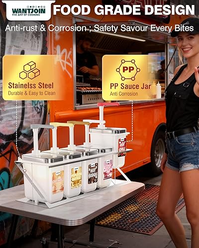 Miniatura 5 de WantJoin Dispensador de queso Nacho - Dispensador de bomba de condimentos de 5.5 cuartos de galón, carcasa y tapa de acero inoxidable, 2 tarros y