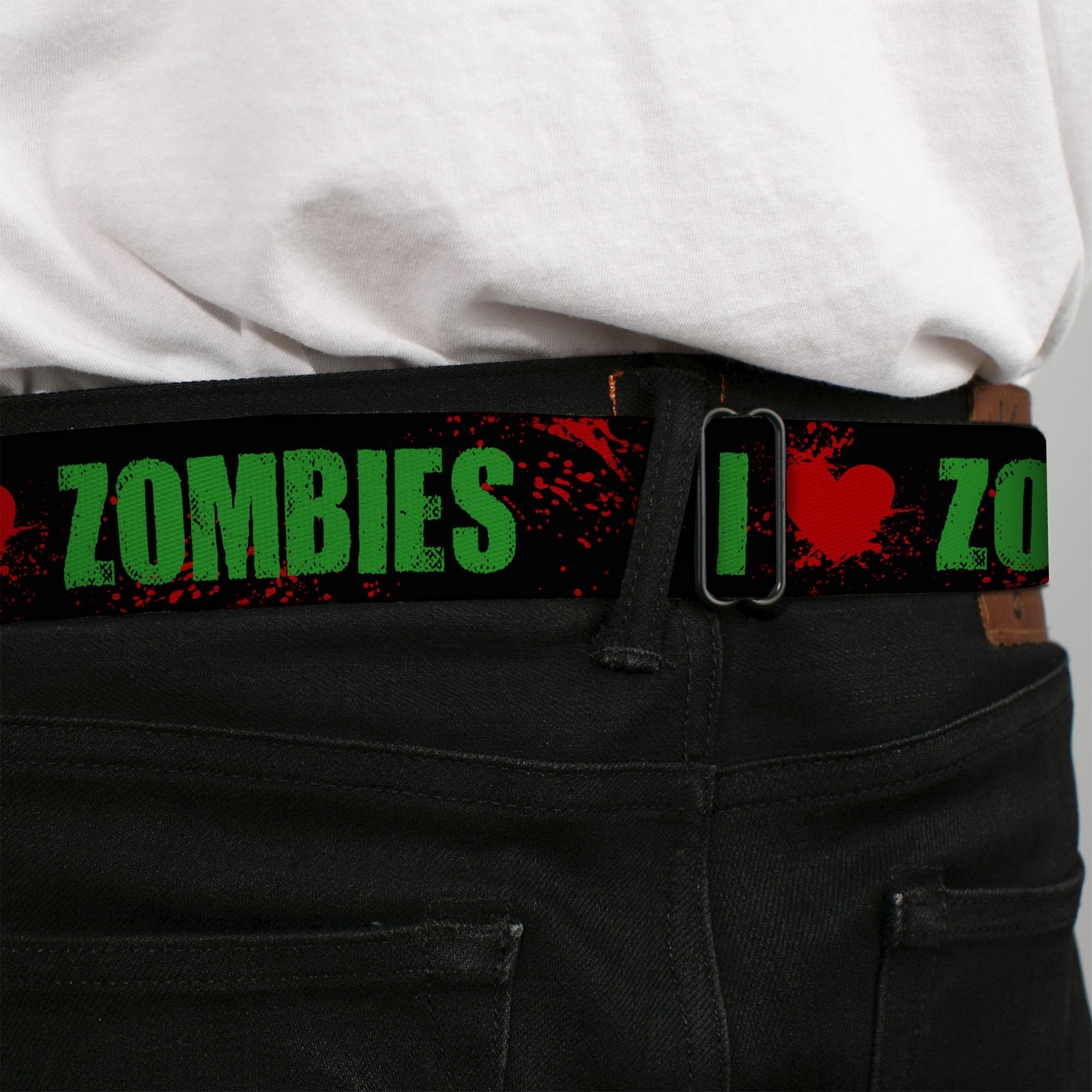 Cinturón de seguridad con hebilla - I''Heart'' ZOMBIES Bold Splatter negro/verde/rojo - 1.0 pulgadas de ancho - 20-36 pulgadas de largo