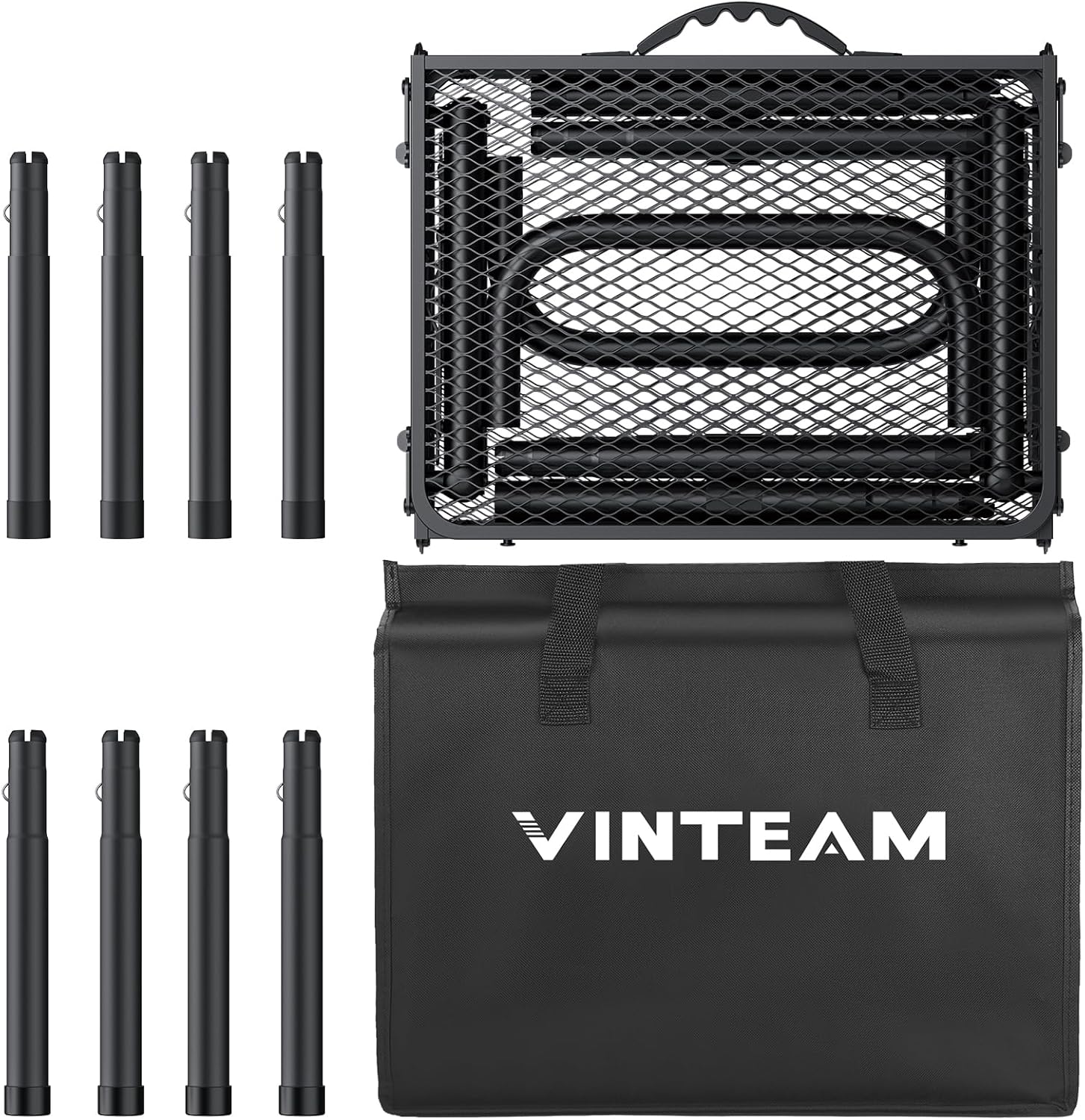 VINTEAM Folding Grill Table with Mesh Top, 3 Adjustable Heights, Lightweight Portable Camping Table, Black Aluminum Alloy BBQ Picnic Table for Outdoor Cooking, Tailgating, Beach, RV & Backyard