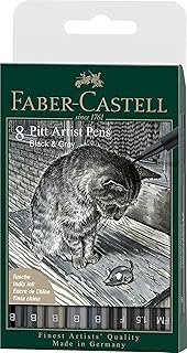 Faber-Castell Pitt Artist Pen, Black & Grey, B, F, 1.5, FM, 167171 Ink Pen, Pack of 8