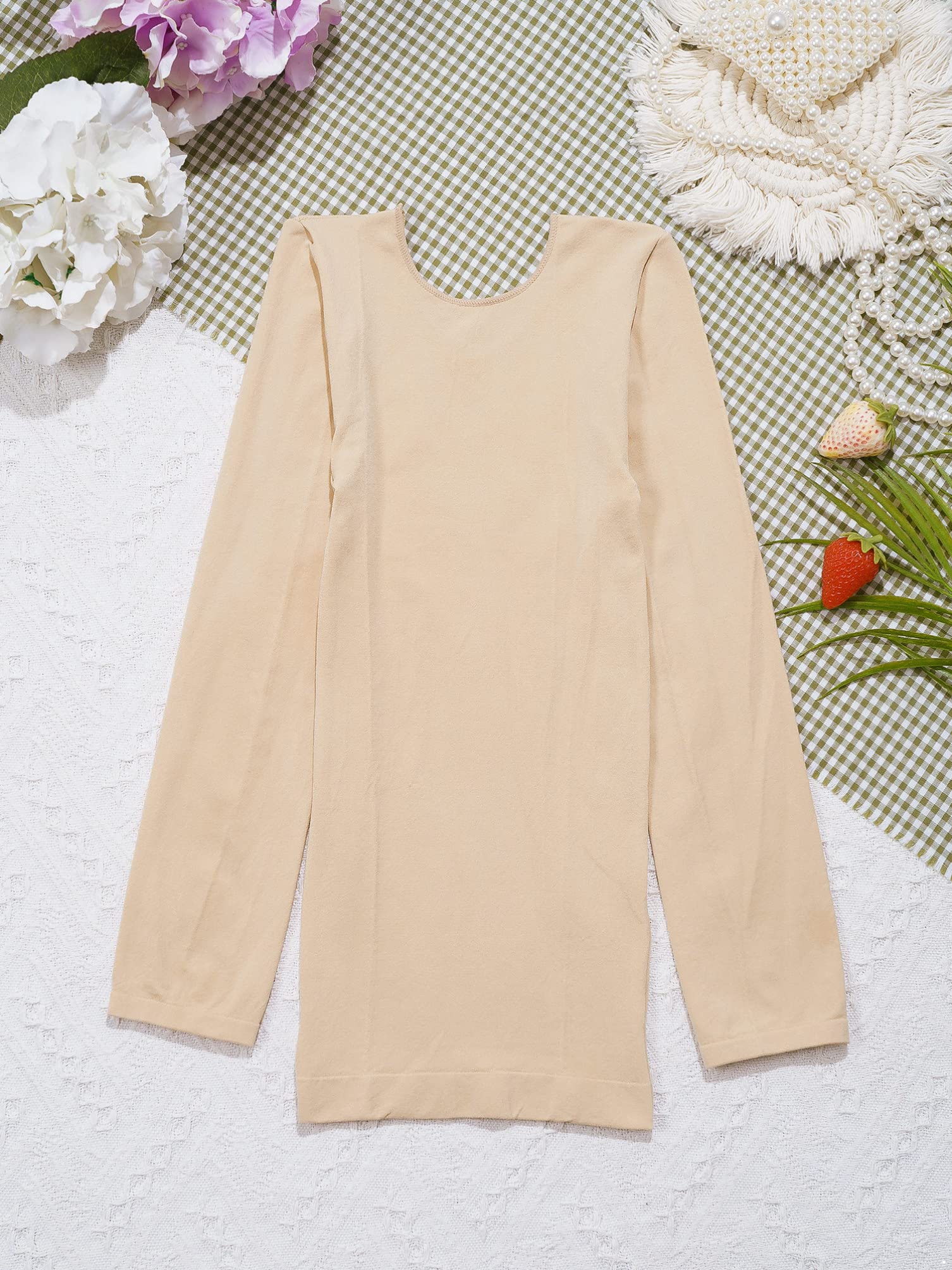 dPois Mädchen Thermo Unterwäsche Langarm Shirt Oberteil Tops Rundhals Thermohemd in Hautfarbe Schwarz Weiß Kinder Tanzkleidung