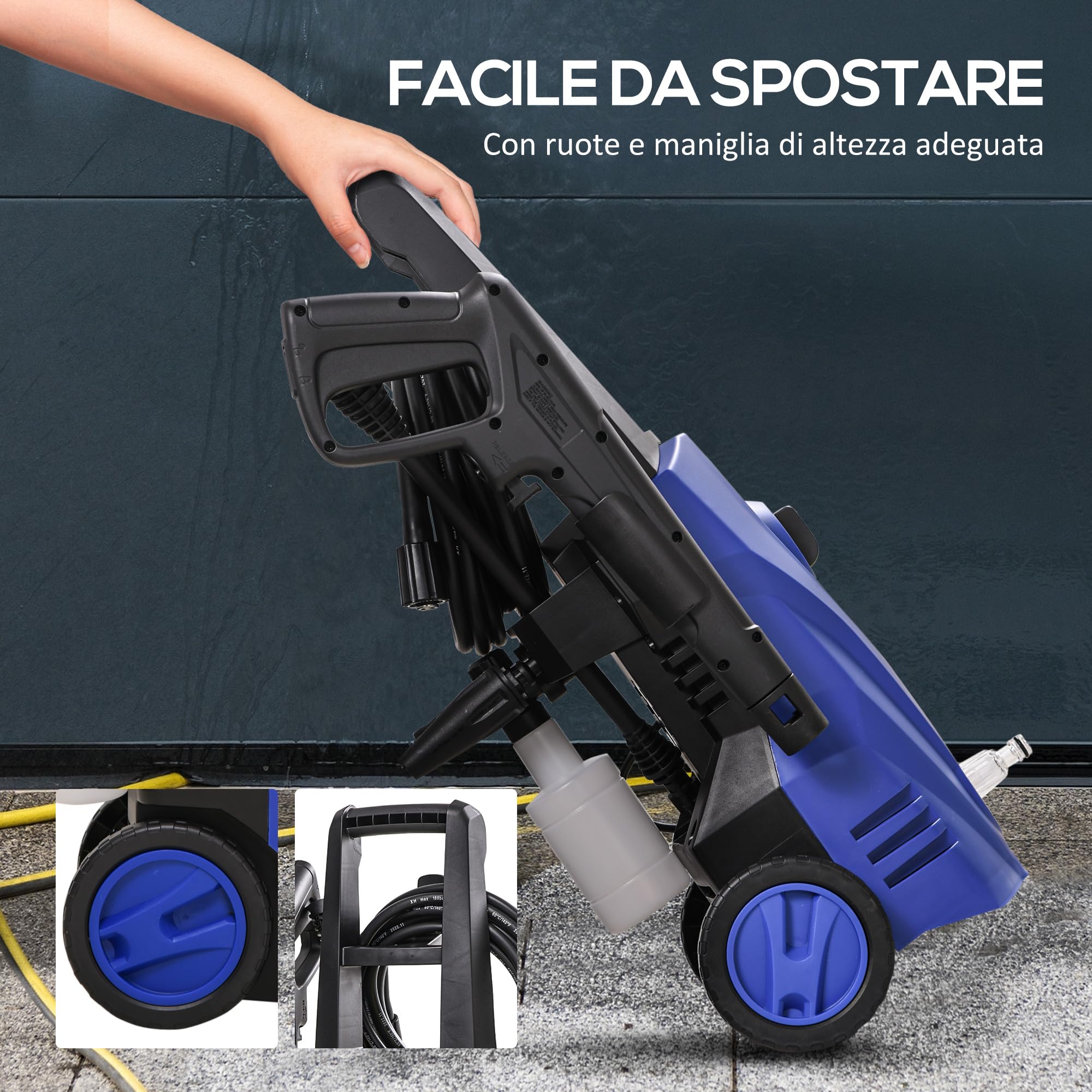 DURHAND Idropulitrice ad Alta Pressione 1600W con Kit Pulizia e Ugello Regolabile, Idropulitrice Professionale, Rame e Alluminio, Portata Max 390 l/h, 130 Bar, per Auto Giardino Casa, Blu e Nero