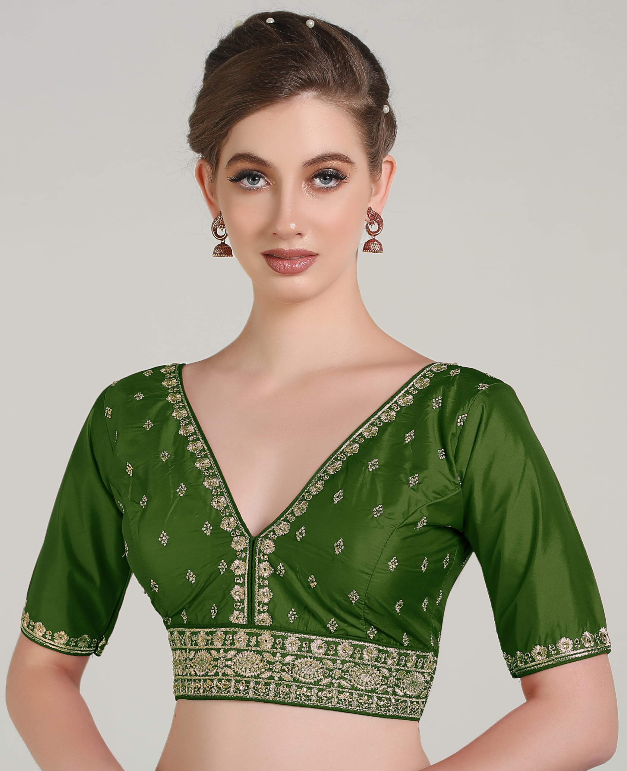 Pujia Mills Woman Readymade Ethnic Wear Deep V Neck Classic Butti Design Half Sleeve Mehendi Green Online Embroidery Zari Work Border Sadi Blouse