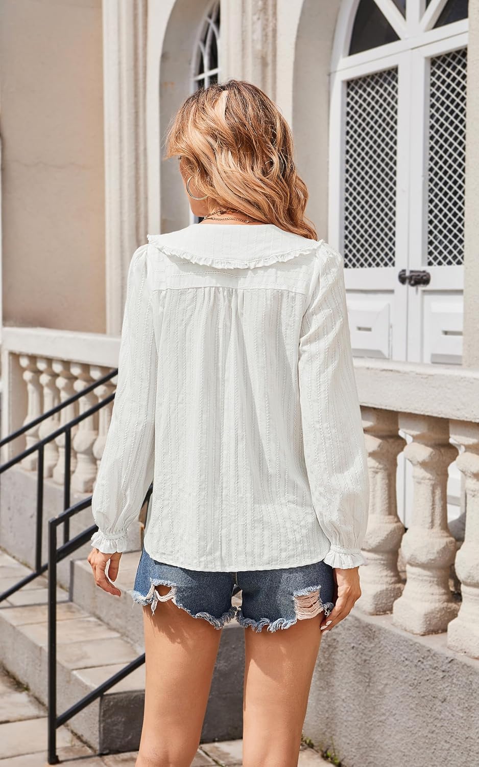 ECOWISH Women's Long Sleeve Shirts - Peter Pan Collar Button Down Blouse Dressy Casual Puff Cotton Elegant Fall Tops - Image 7