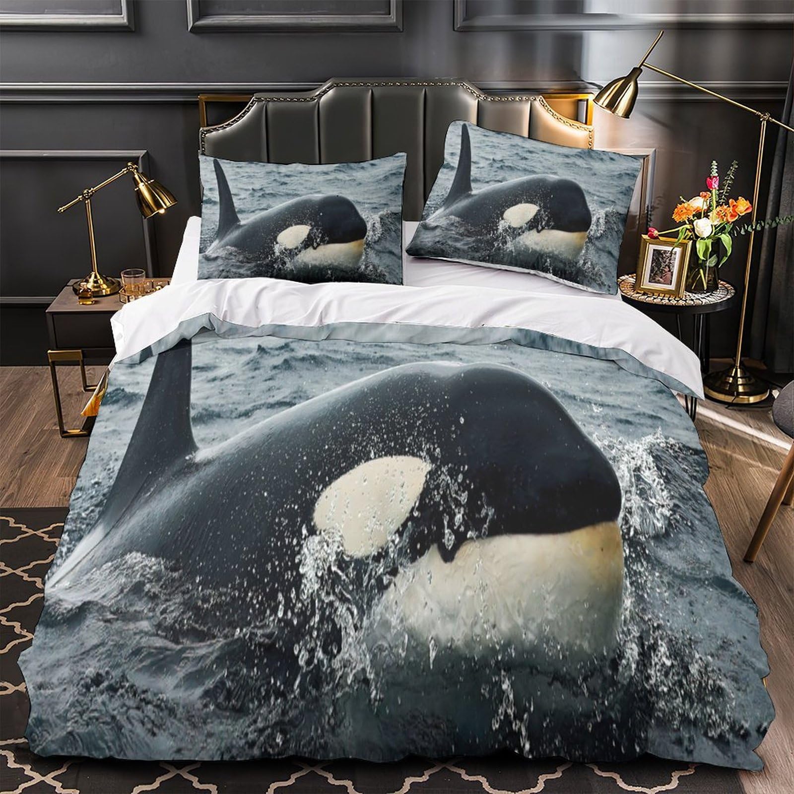Orca Whale Quilt Cover 3D Print Easy Care 3 Pieces Bed Set Hidden Zipper Marine Wildlife Photography Comforter Cover Extra Soft Hypoallergenic for Adults Kids Teens Women Youth Double（200x200cm）