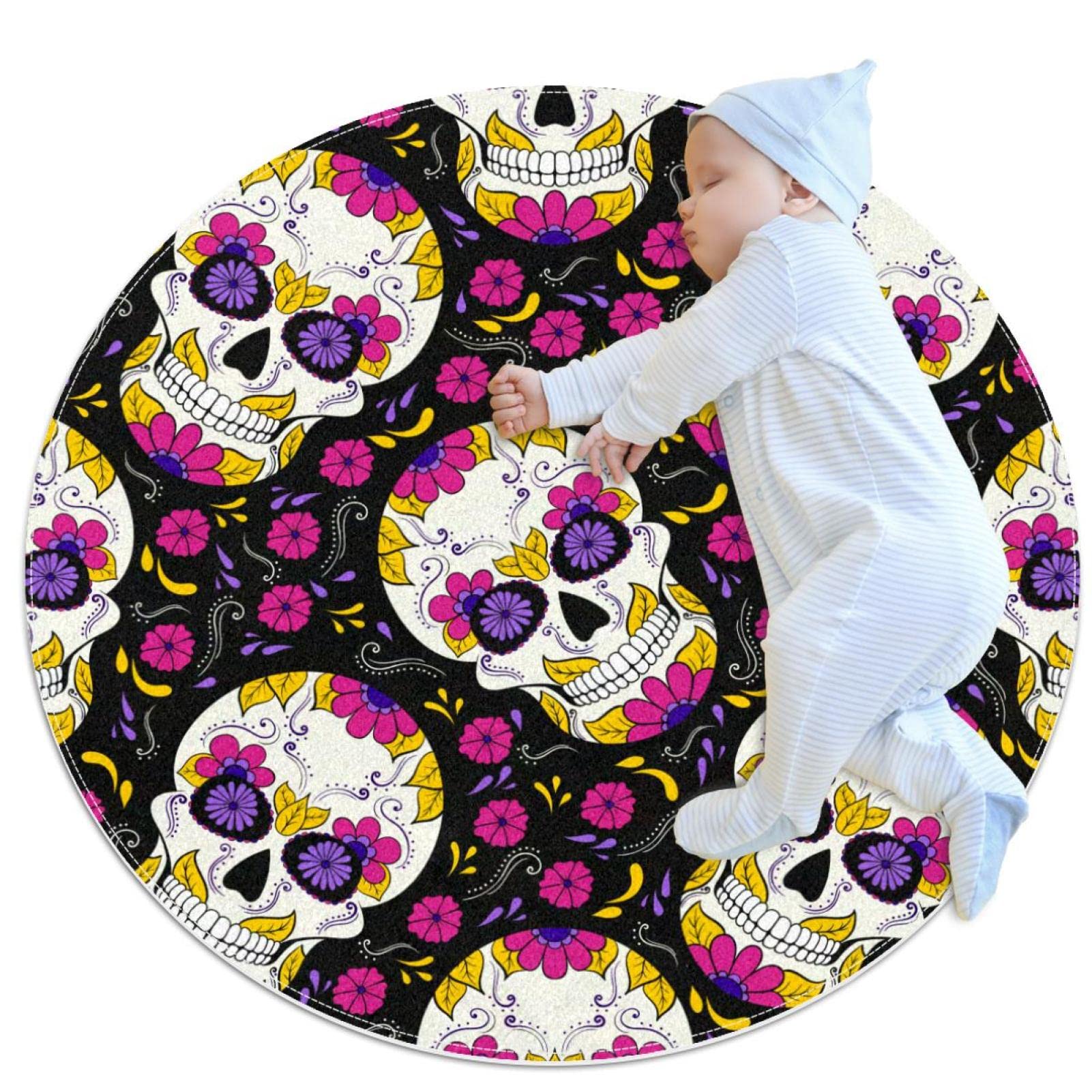 Alfombra redonda de calaveras mexicana para juegos infantiles y mascotas de 80x80 cm