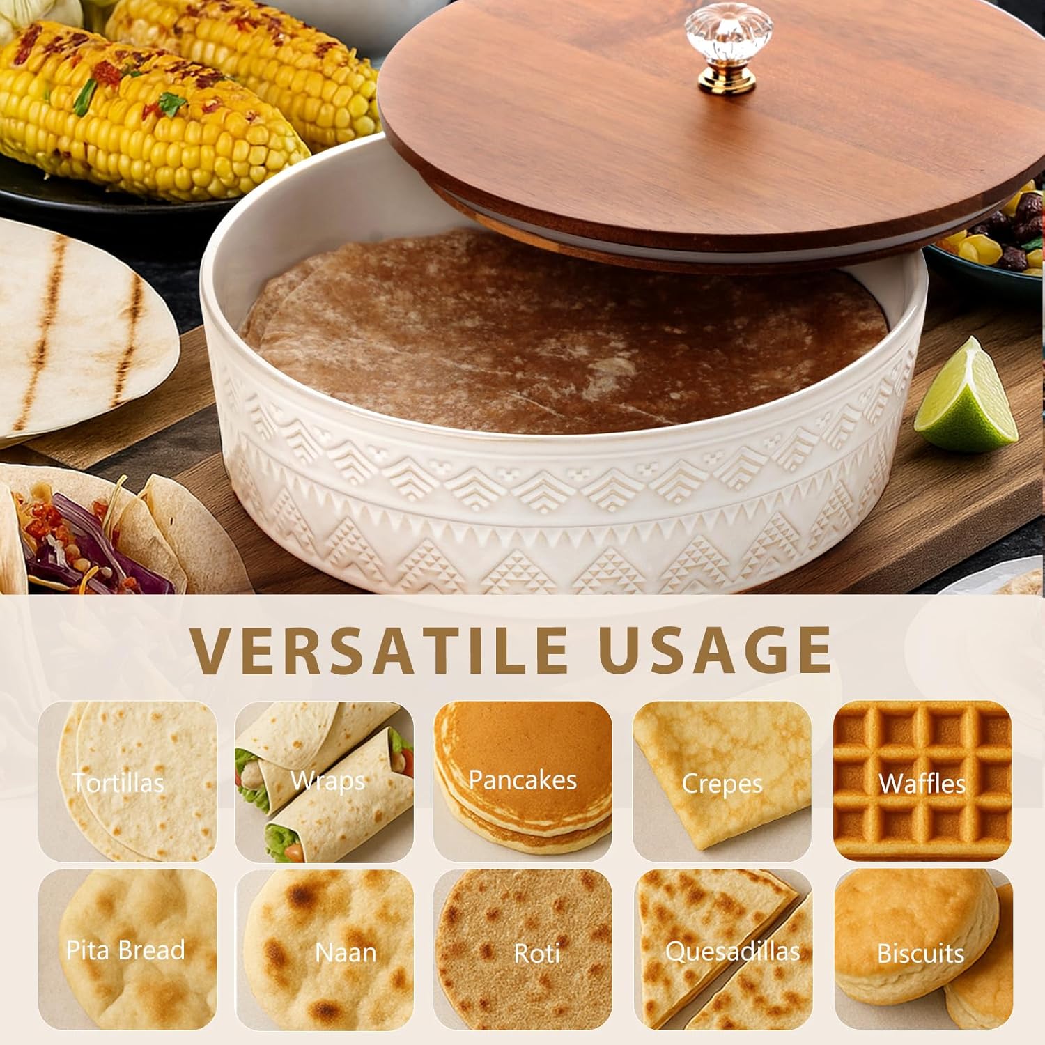 Ceramic Tortilla Warmer with Lid, 9 Inch Tortilla Holder, Insulated Bread & Pancake Warmer for Tacos, Roti, Large Tortillero Container, Mexican Party, Microwave and Dishwasher Safe