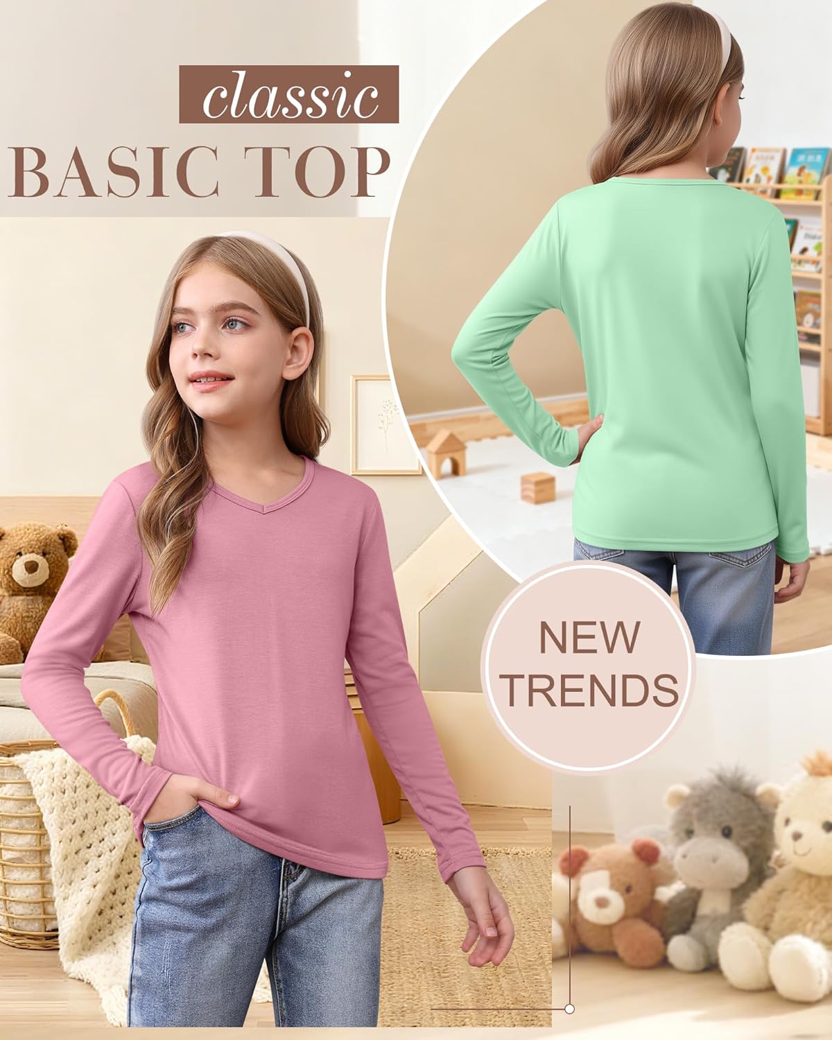 3 Pack Girls Long Sleeve T-Shirts 5-14 Years Kids Undershirts V Neck Base Layer Basic Lightweight Teen Youth Tops - Image 5