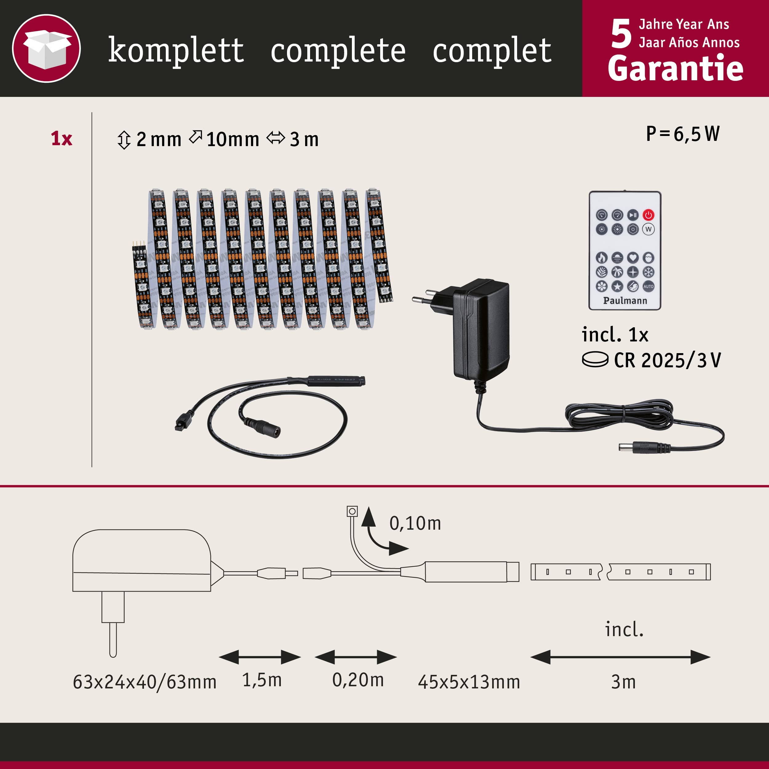 Paulmann 78887 Strip LED Set 3 m Dynamic Rainbow RGB IP20 12V DC incl. 1x5 Watt dimmerabile bianco plastica 5 W, 3m