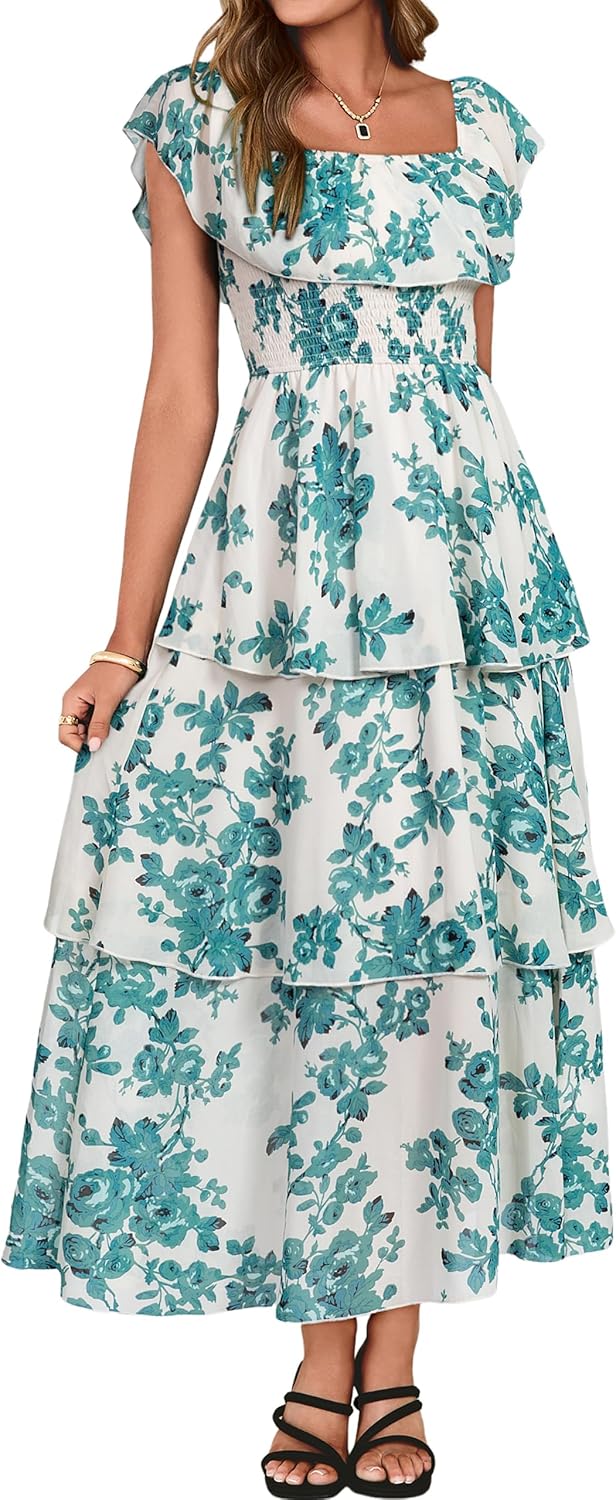 Simplee Womens Floral Wedding Guest Dress Spring Summer 2026 Chiffon Boho Off Shoulder Smocked Tiered Flowy Maxi Dresses